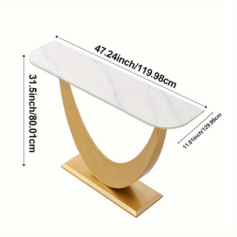 Modern Entryway Table, 120 cm Sintered Stone Narrow Entrance Sofa Table, Moon Shape Design Decorative Table with Metallic Golden Base, Luxury Entryway Table for Hallway Living Room Bedroom