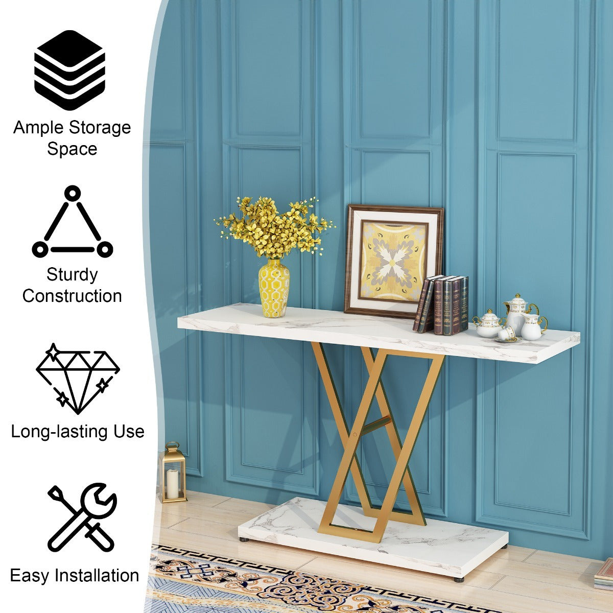 Console Table: 106.68 cm Industrial Entryway Table for Living Room - Narrow Sofa Table with Sturdy Metal Frame, Easy Assembly in Elegant Golden/White - Perfect for Holiday Decor and Creating a Warm, Welcoming Entrance