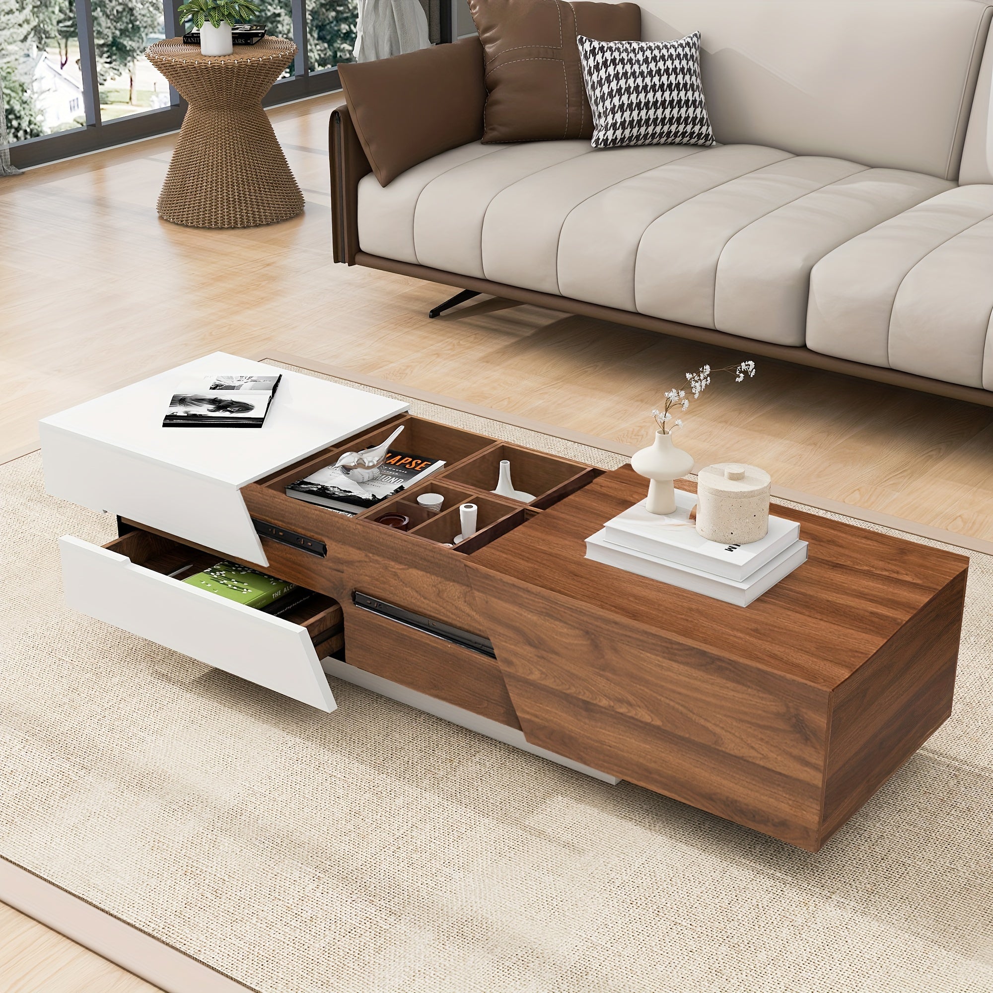 Modern Extendable Sliding Top Coffee Table With Storage In White&Walnut