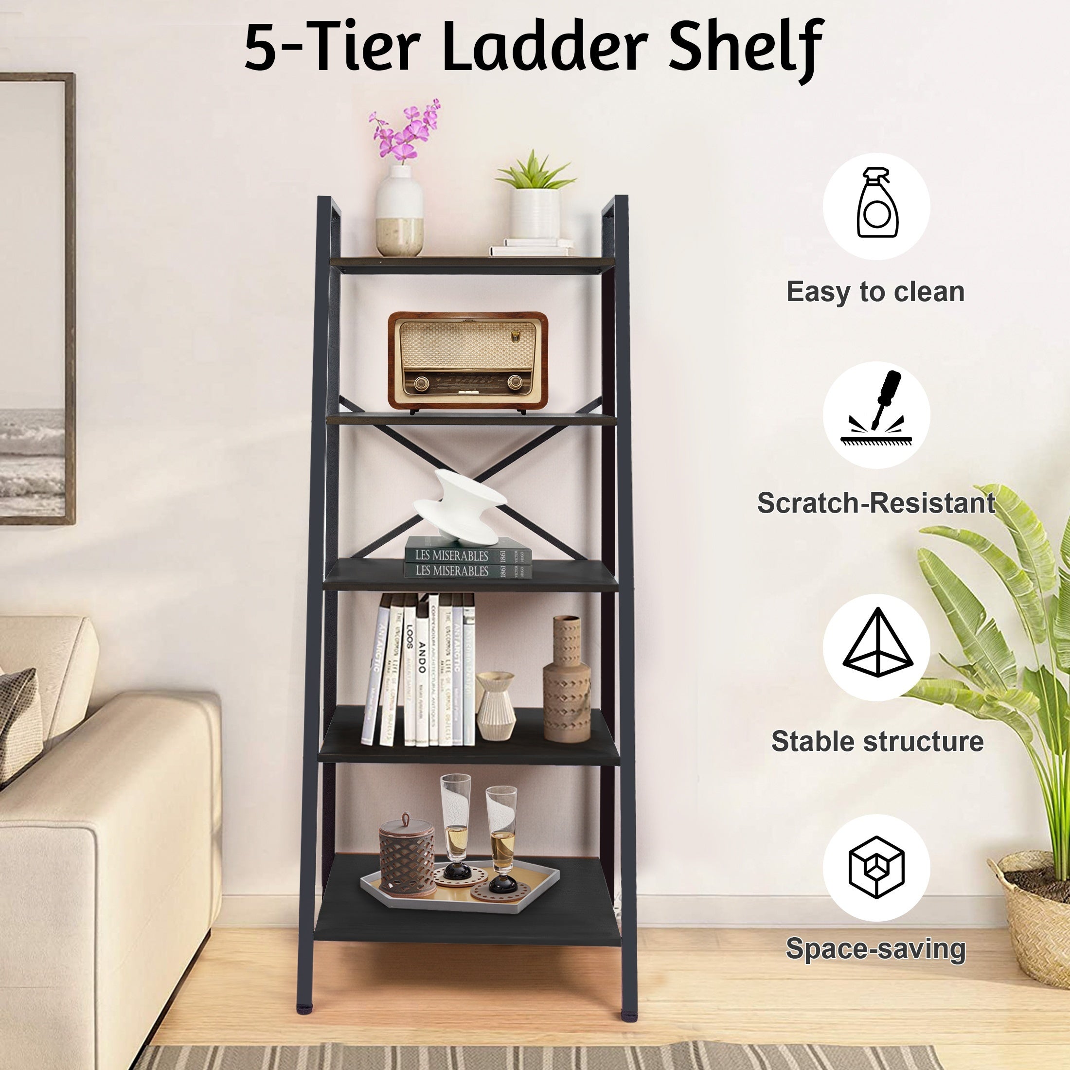 Ladder Shelf 5-Tier, Free Standing Bookshelf With Adjustable Feet, Metal Bookcase For Kitchen, Bathroom, Garage, Small Spaces