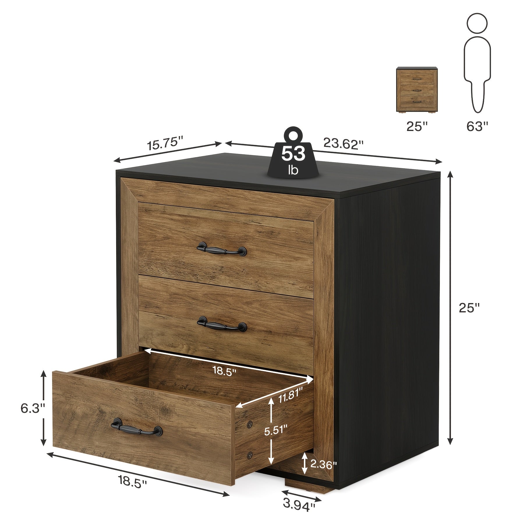 3-Drawer Nightstand, Wood Bedside Table With Metal Handles For Bedroom Living Room, Rustic Brown