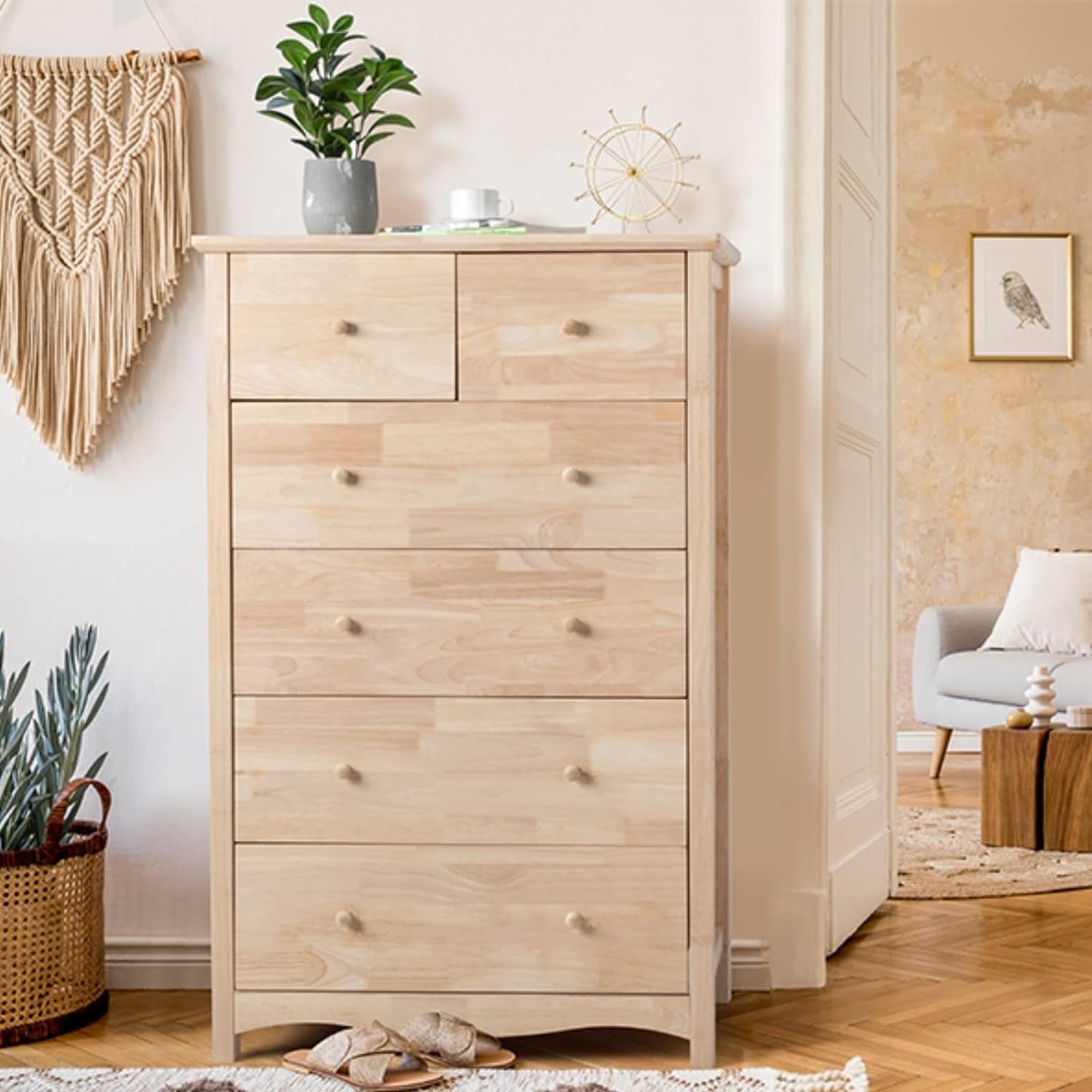 3/6 Drawer Dresser, Natural Solid Wood Dresser Color DIY, Upgraged Rustic Farmhouse Tall Dresser with Spacious Storage Chests of Drawers with Full Extension Drawer Slides