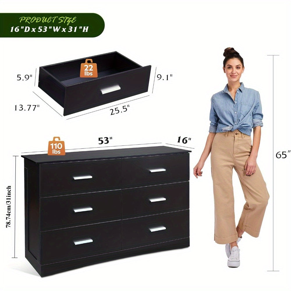 Wood Dresser with 6 Drawer, Wide Chest of Drawers, Closet Store Organizer for Living Room, Hallway, Long Nightstand