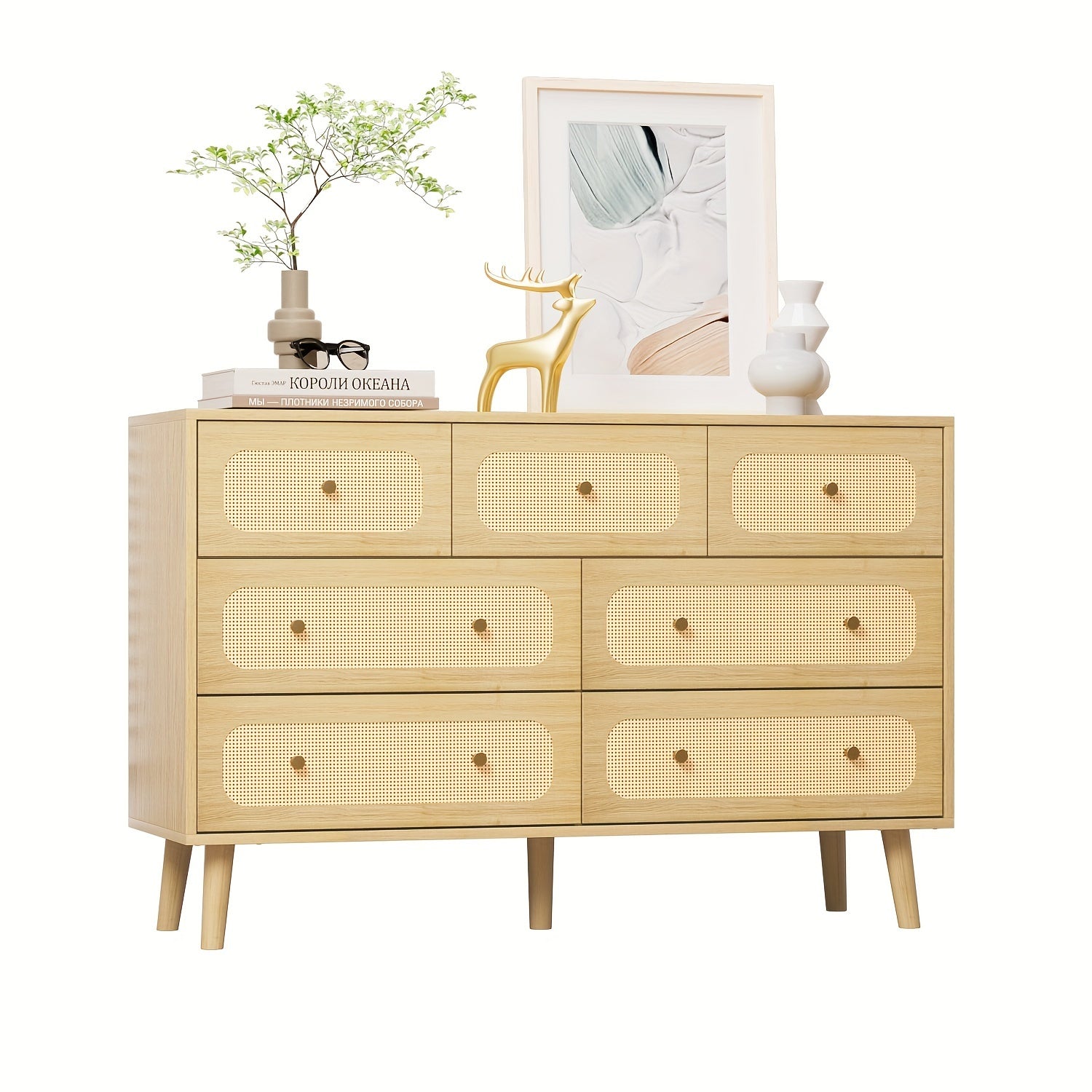 Rattan 7 Drawer Dresser For Bedroom, Wood Boho Double Chest Of Drawers With Storage And Gold Handle