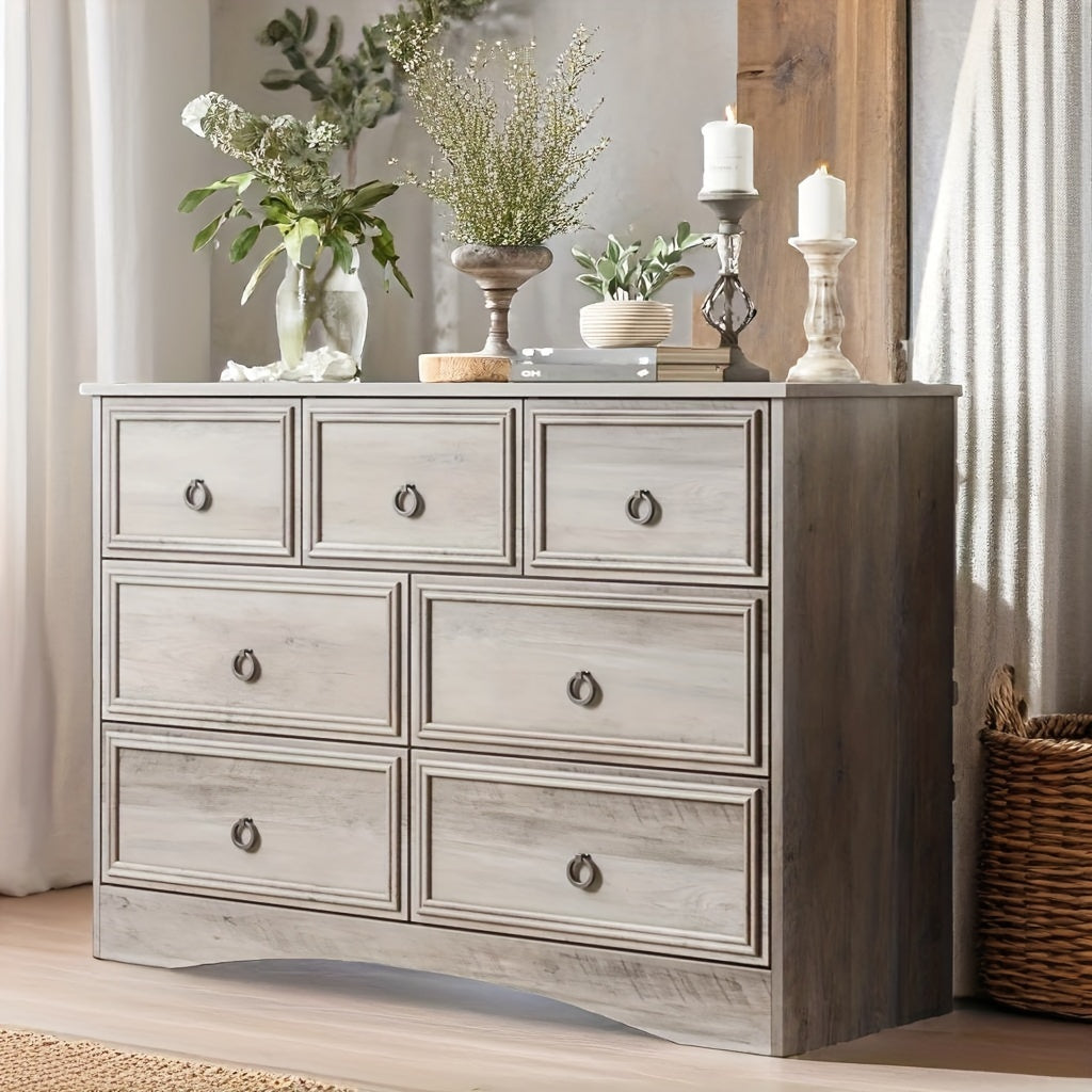 Gray Dresser for Bedroom with 7 Drawers, Modern Farmhouse Wide Chest of Drawers, Storage Organizer Unit with Metal Slides & Drawer Bottom Support for Closet, Living Room, Hallway