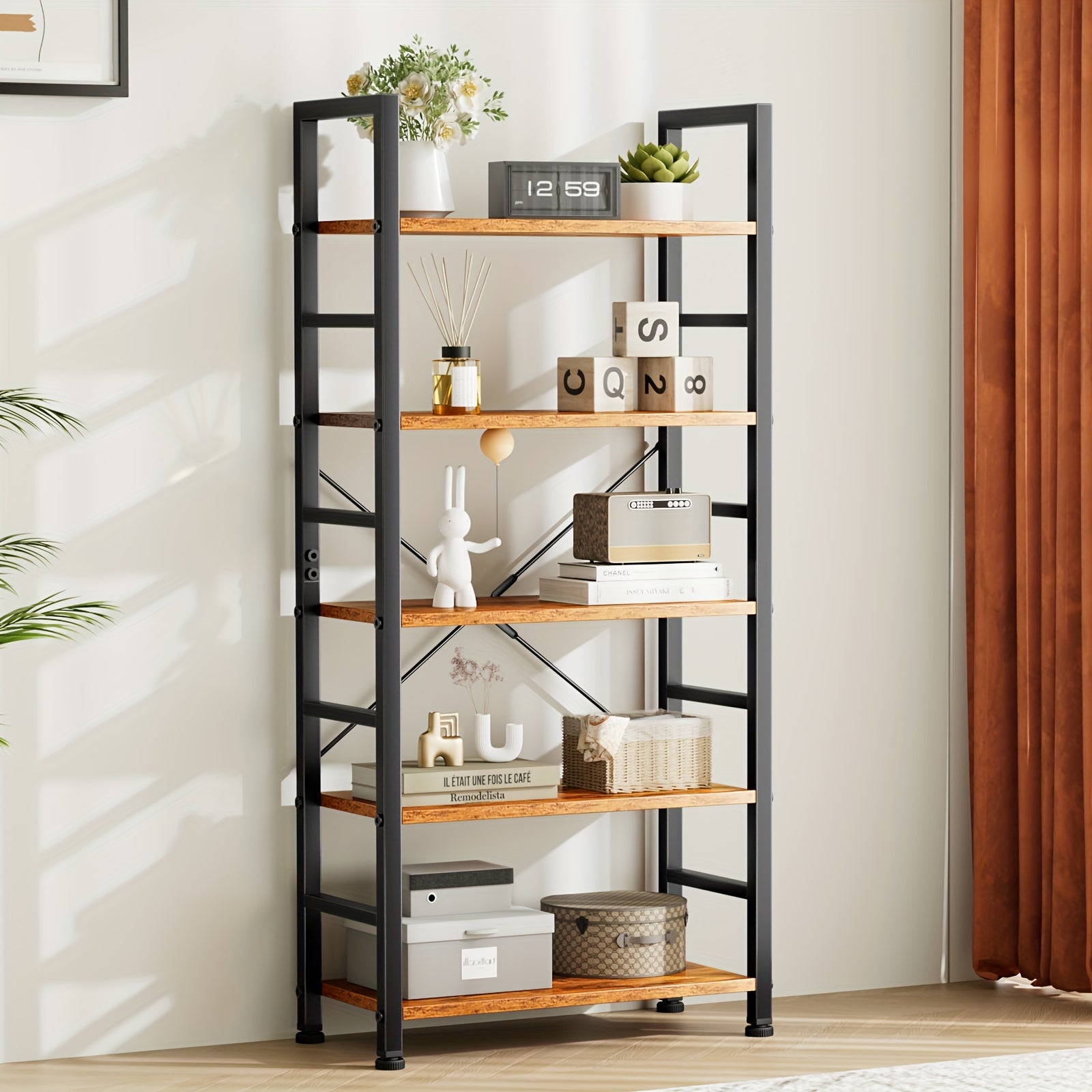 5 Tiers Bookshelf, Tall Bookcase Storage Shelves Organizer, Classically Modern Book Shelf for CDs/Movies/Books, Industrial Book Shelves for Home Office, Living Room, Kitchen, Bedroom