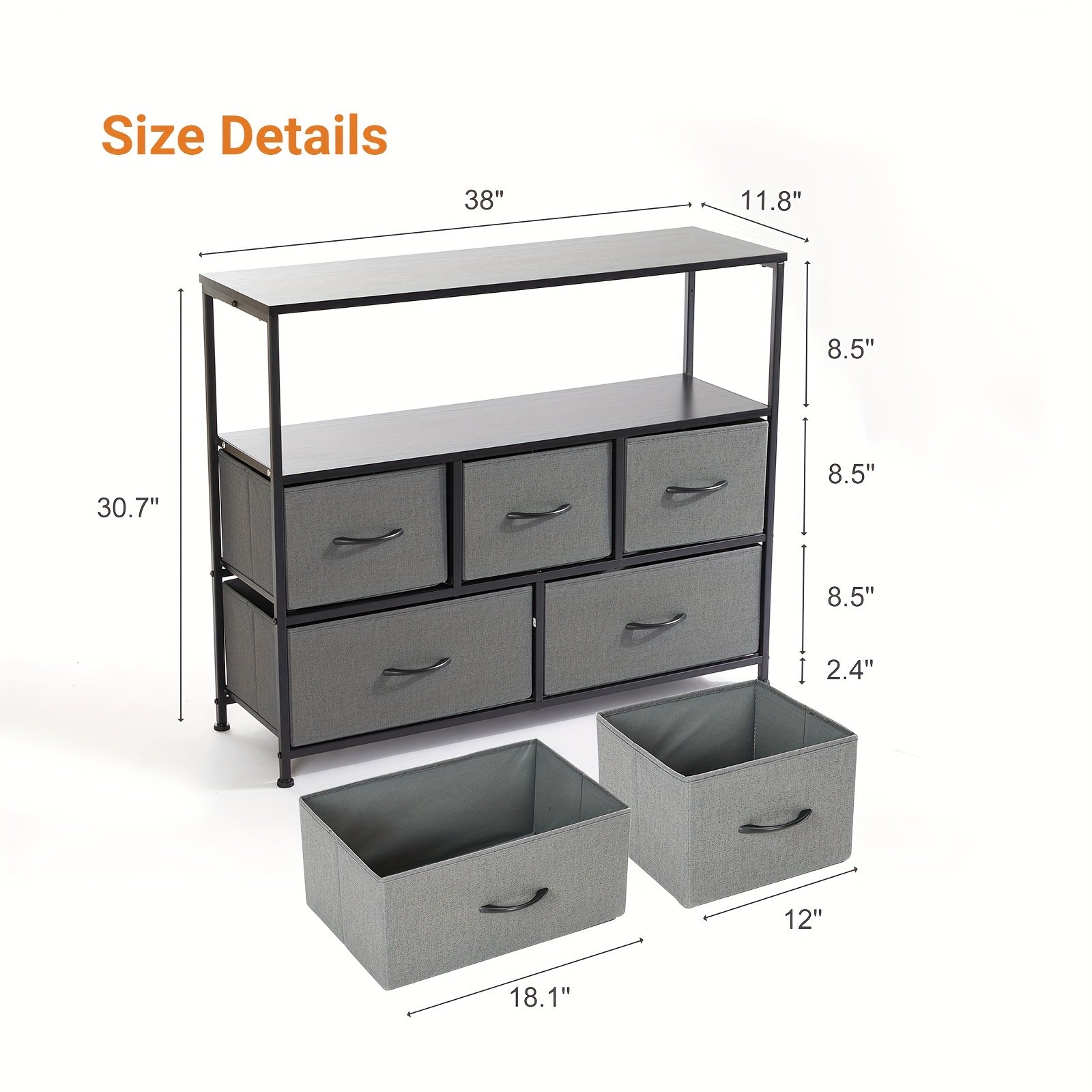 TV Stand Entertainment Center With 5 Fabric Drawer For Bedroom 76cm Tall Dresser With Open Display Media Console Closet Metal Shelf Storage For Living Room Space Saving