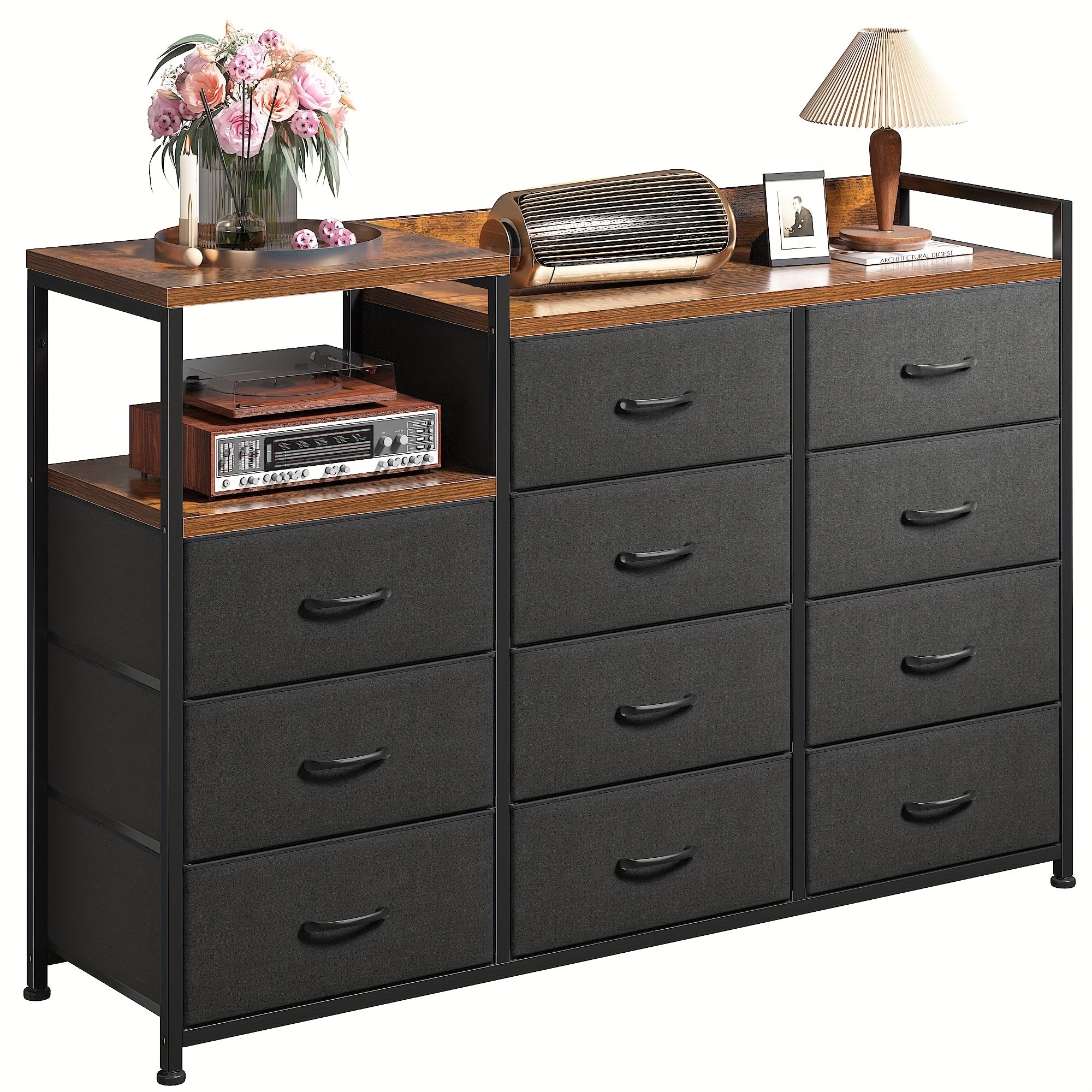 Dresser For Bedroom With 11 Drawers, Dresser TV Stand With Shelves, Long Dressers & Chests Of Drawers, Wide Dresser For Bedroom Dresser With Sturdy Metal Frame & Wood Top, Black