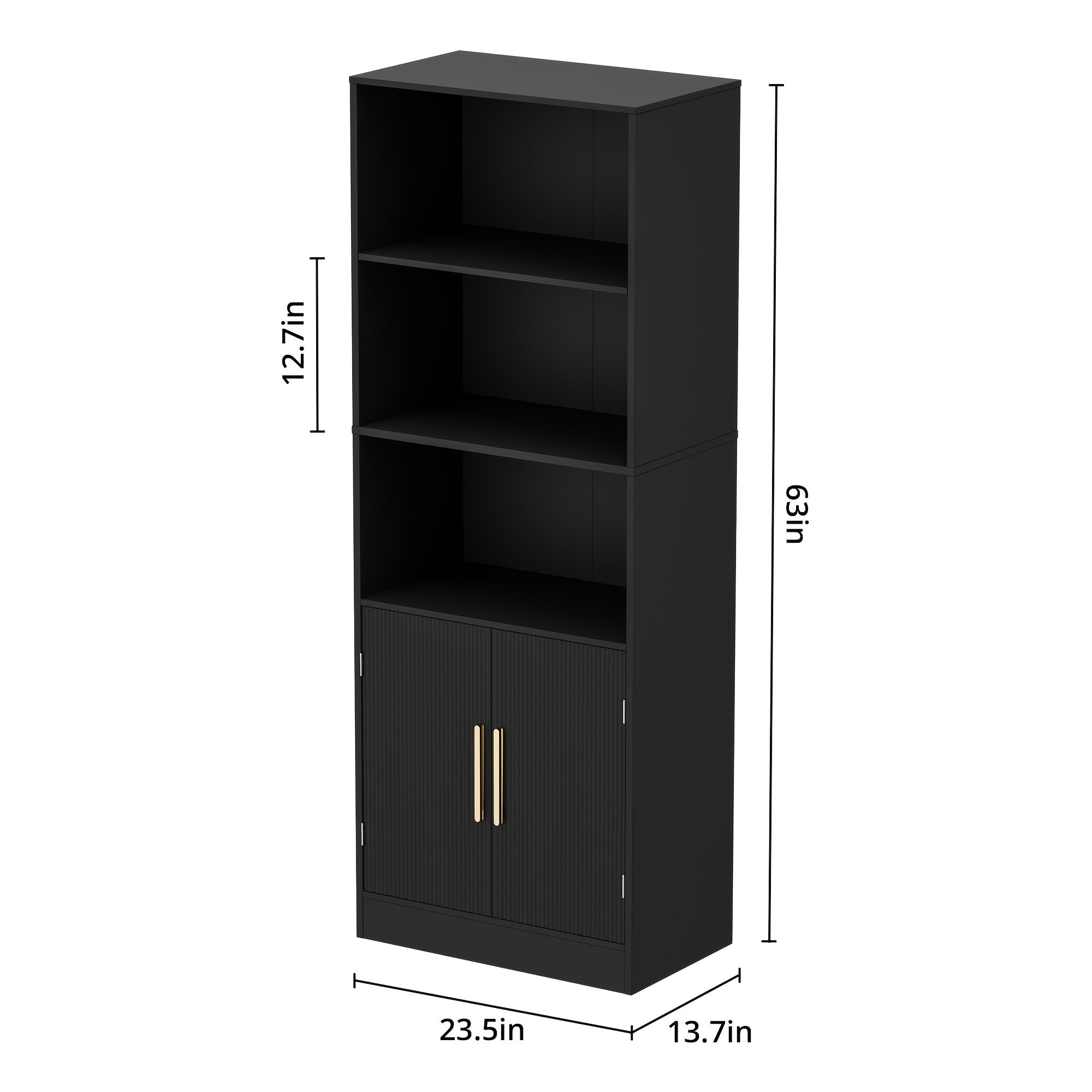 Modern Bookshelf with 2 Doors, 63 Inch Tall Bookshelf, 3-Tier Bookshelf with Adjustable Shelves, Open Shelf Bookcase, Unique Bookshelf for Bedroom, Office and Study, White/Black