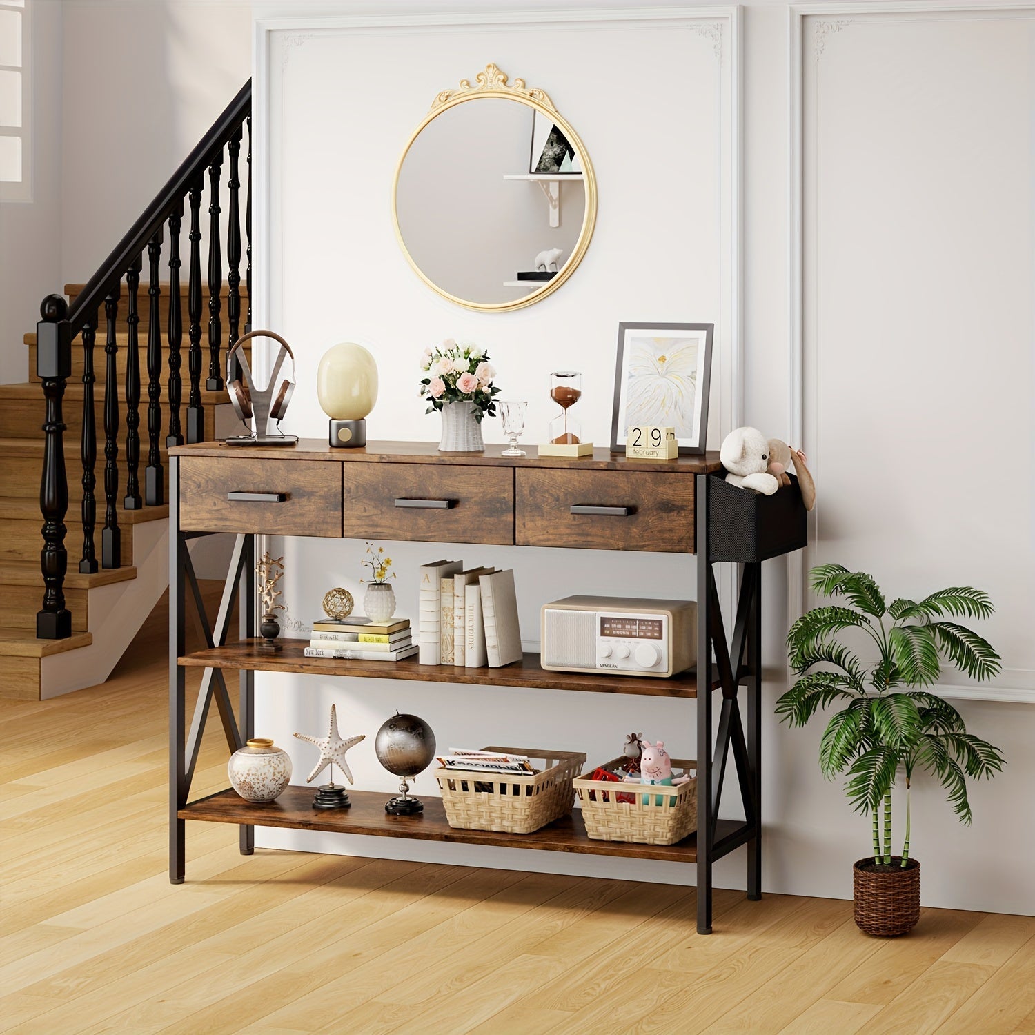 Functional 119.4 cm Console Table, Industrial Entryway Design With 3 Drawers And 3-Tier Storage Shelves - Perfect Narrow Sofa Table For Your Hallway, Living Room, Or Kitchen