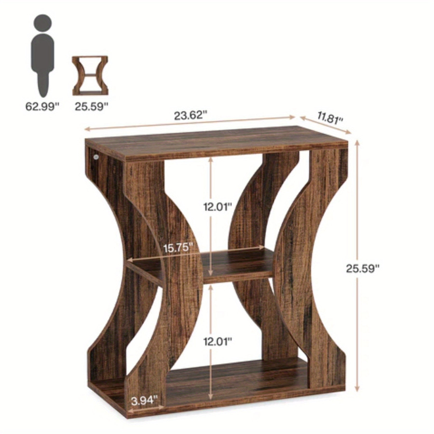 60cm Side Table, 3 Tier Farmhouse Side Table with Storage Shelves, can be used as a bedroom nightstand, coffee table