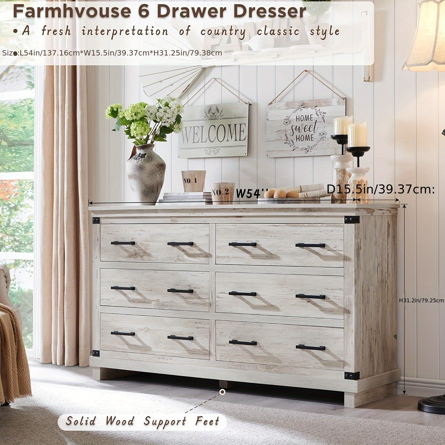 Farmhouse 6 Drawers Dresser for Bedroom, 138cm Wide Wood Chest Of Drawers with Natural Texture & Metal Handle, Rustic Storage Dressers Organizer for Living Room, Hallway