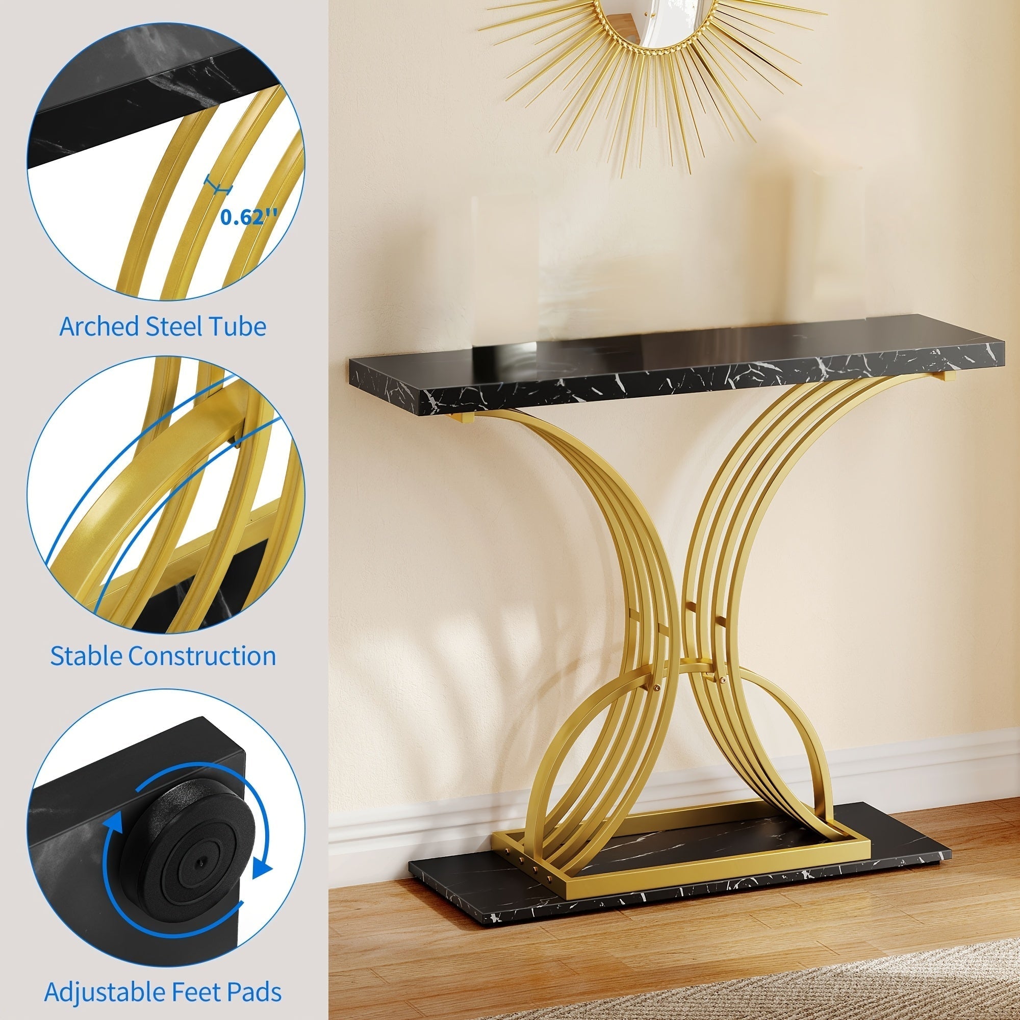 Sleek Golden Accent Console Table with Marble-Like Top for Entryway (120 cm)