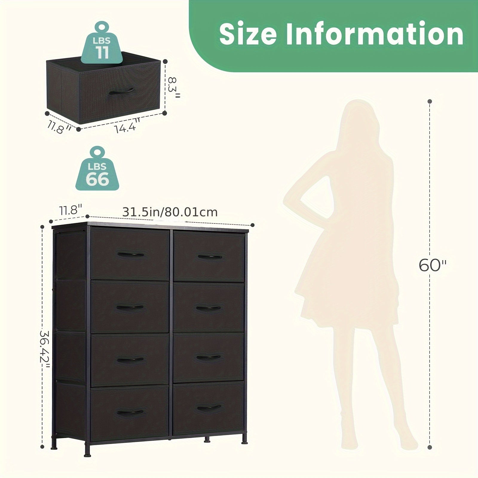 8 Drawers Dresser, Fabric Drawer Dresser, Storage Chest Organizer Units, Dresser & Chest of Drawers, Storage Tower with Fabric Bins, Drawer Cabinet, Metal Frame, Lightweight Furniture for Living Room, Bedroom, Bathroom