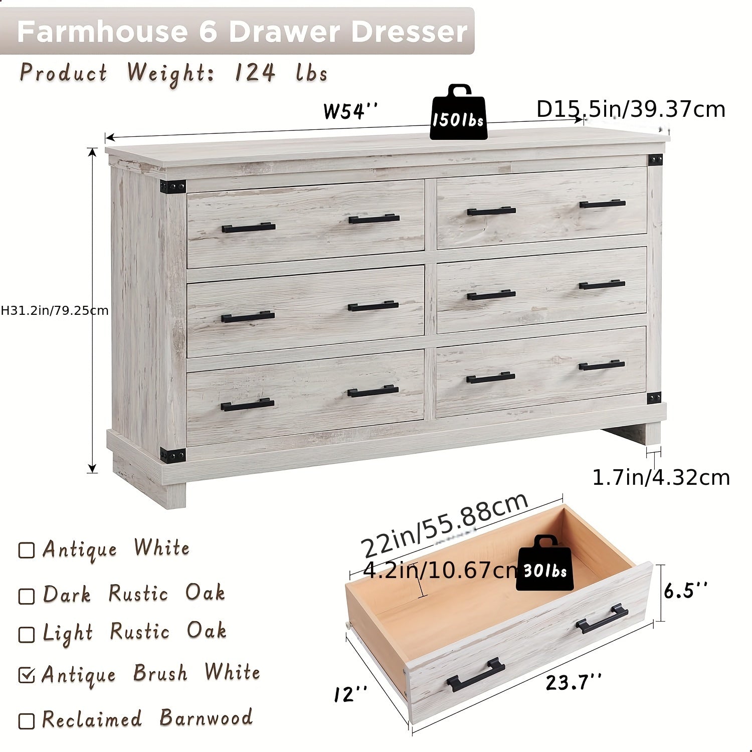 Farmhouse 6 Drawers Dresser for Bedroom, 138cm Wide Wood Chest Of Drawers with Natural Texture & Metal Handle, Rustic Storage Dressers Organizer for Living Room, Hallway