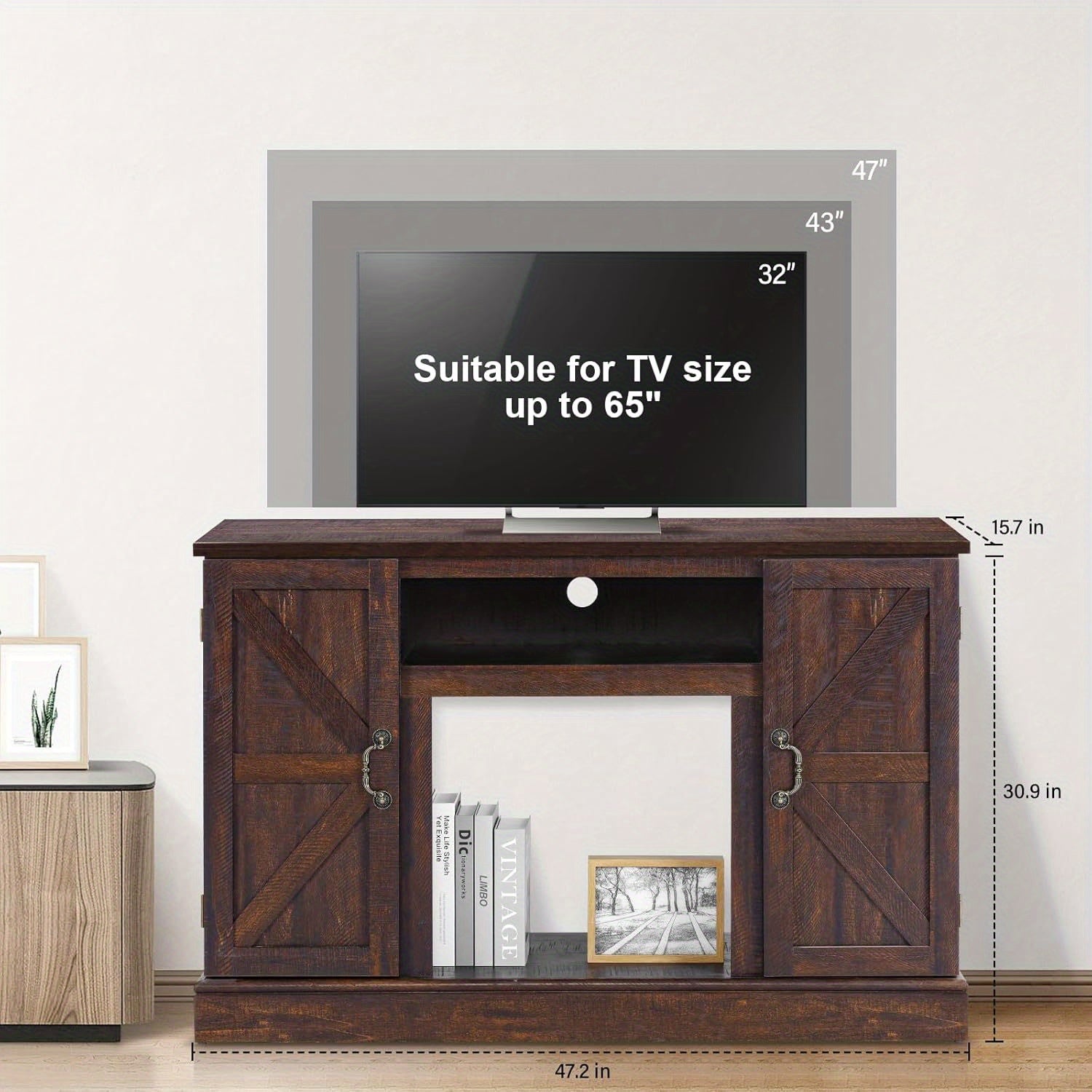 120cm TV Stand Suitable For TV Size up to 65", Entertainment Center with Two Barn Doors and Storage Cabinet, Media TV Console Table for Living Room