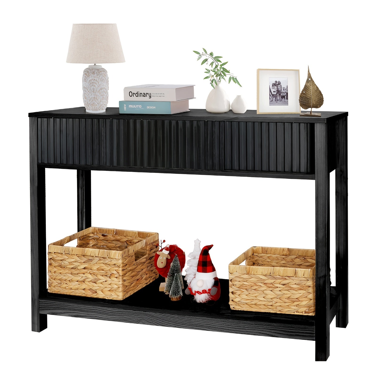 Long Console Table with Storage, Fluted Entryway Table, Slim Sofa Table Behind Couch Entry Table, Narrow Wood Hallway Table, Modern Living Room Couch Table, Black Foyer Entrance Table (in cm)