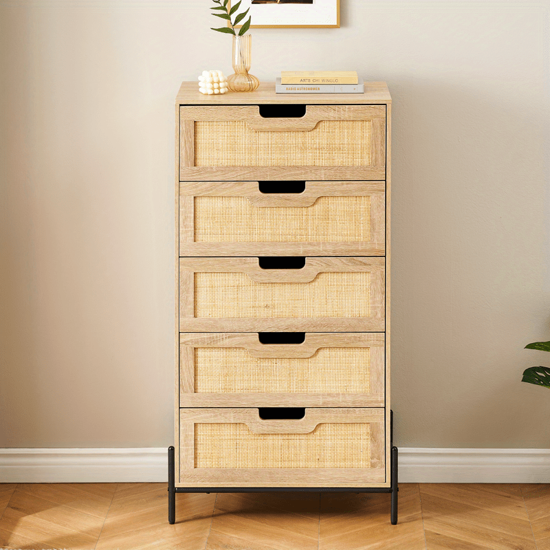 5 Drawers Dresser for Bedroom, Natural Rattan Drawer with Spacious Storage, Wood Chest of Drawers with Metal Legs for Bedroom, Living Room, Hallway, Entryway, Closet