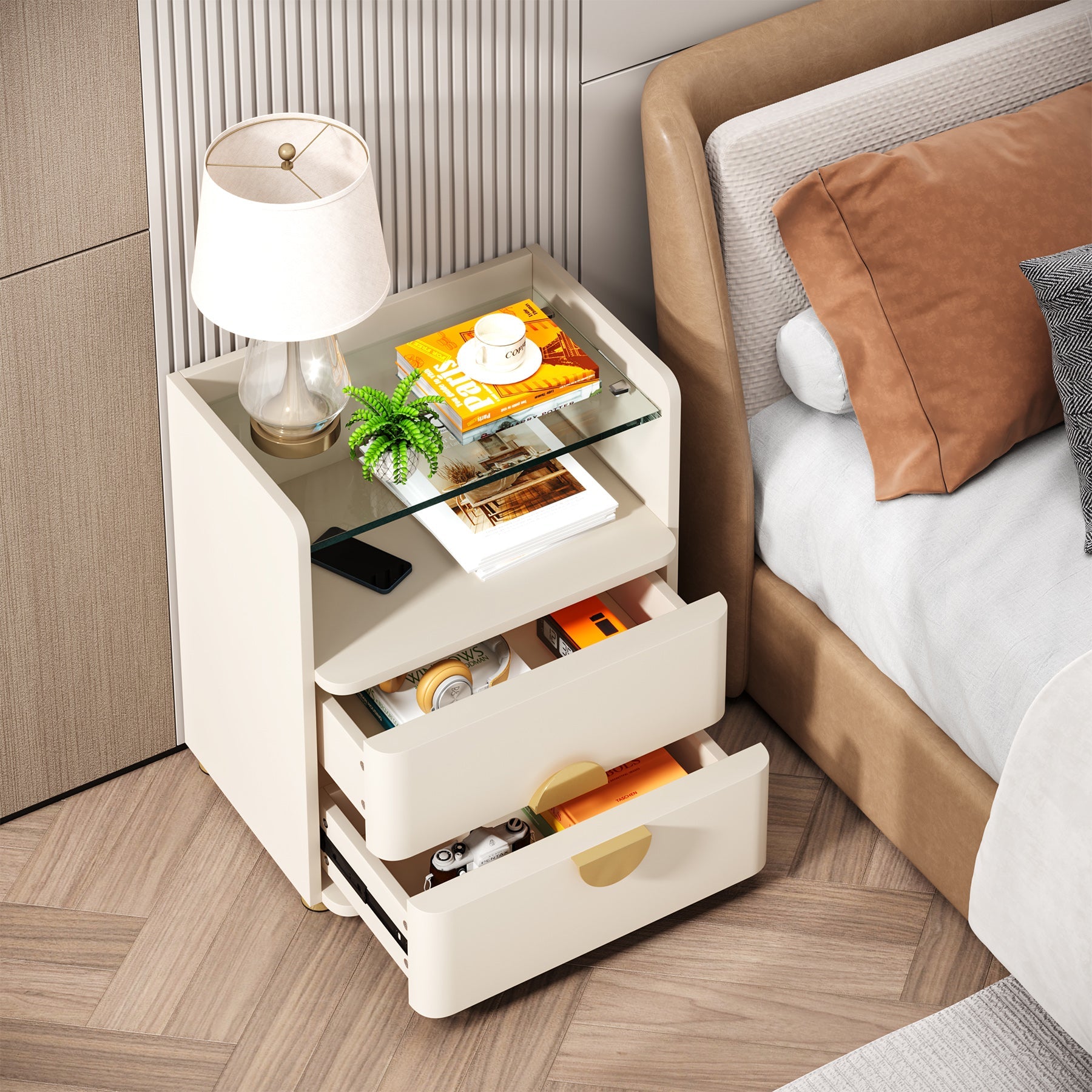 2-Drawer Nightstand, Modern Bedside Table with Open Storage (cm)