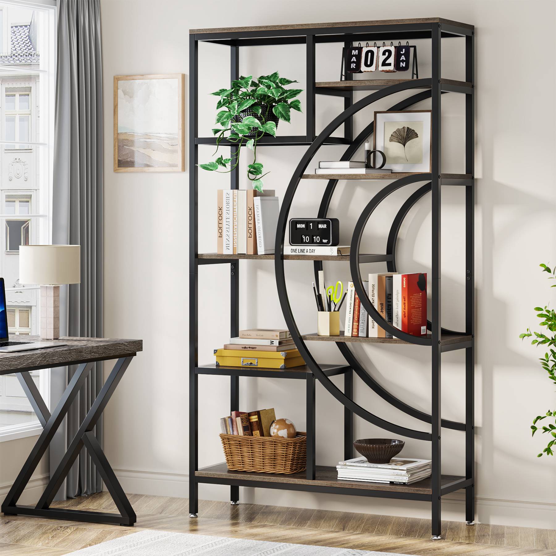 8-Tier Bookshelf, 180 cm Geometric Bookcase, Industrial Etagere Shelving Unit