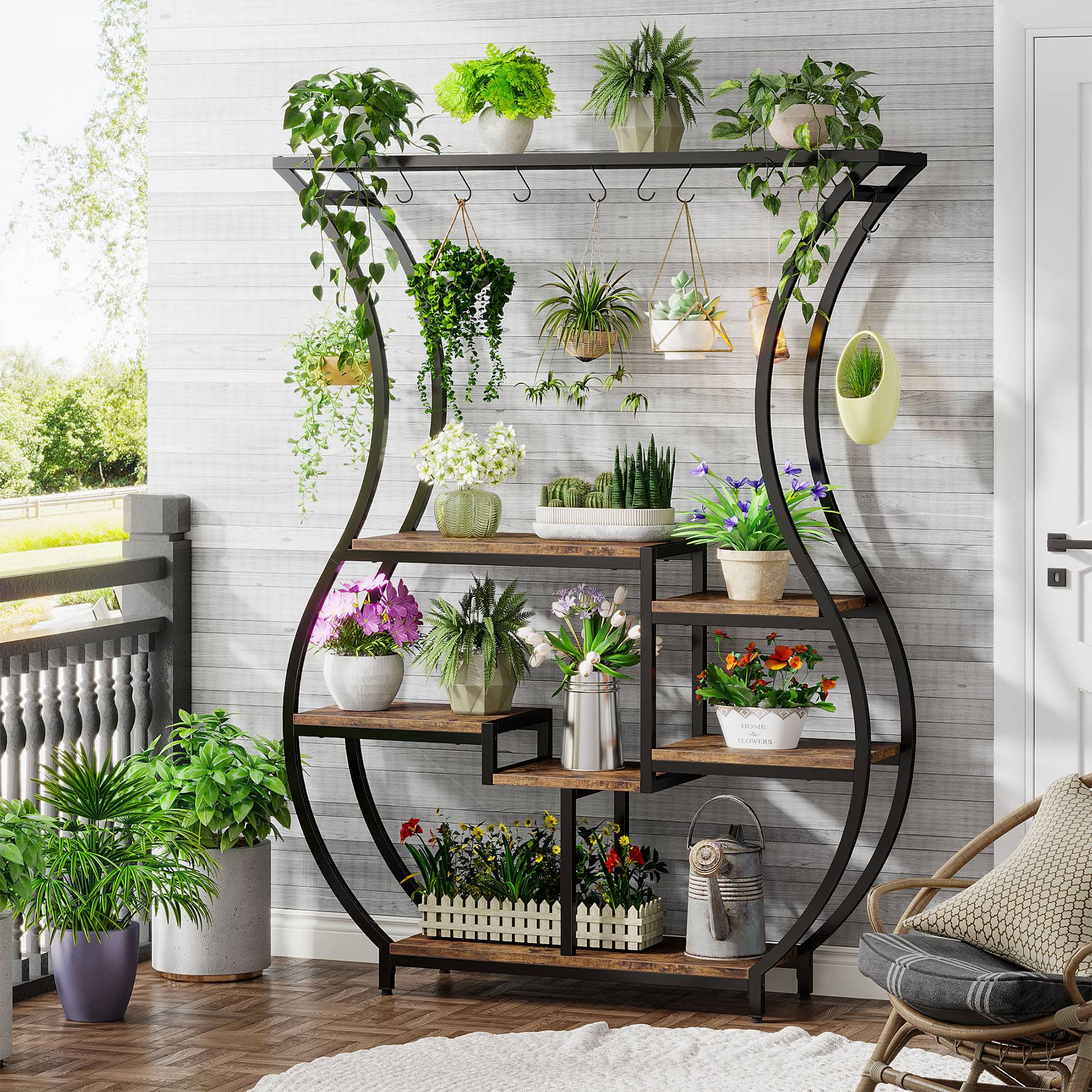 Vase-Shaped Plant Stand, 6-Tier Plant Display Rack with 10 Hanging Hooks (in cm)