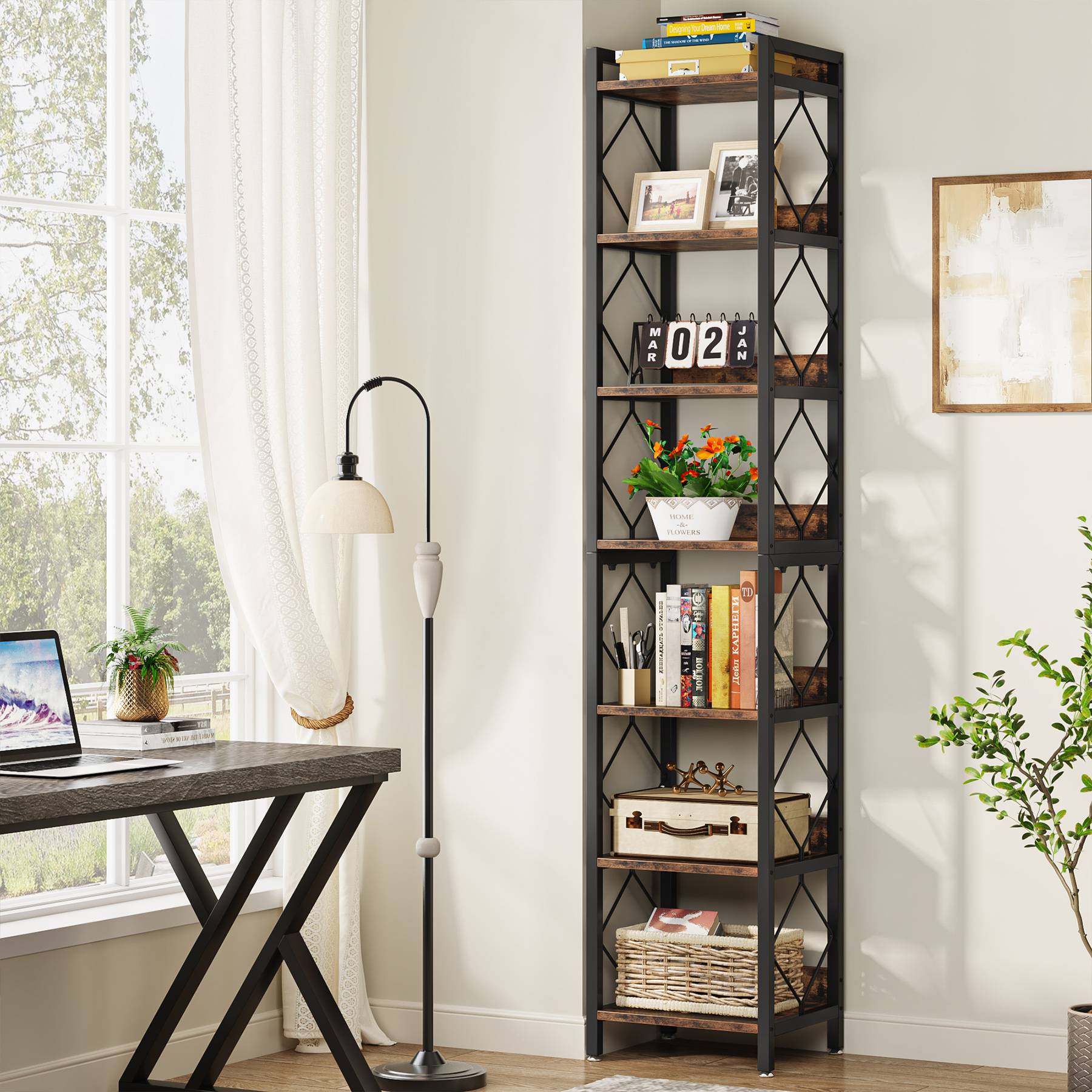 7-Tier Corner Shelf, 200 cm Narrow Bookshelf Corner Bookcase