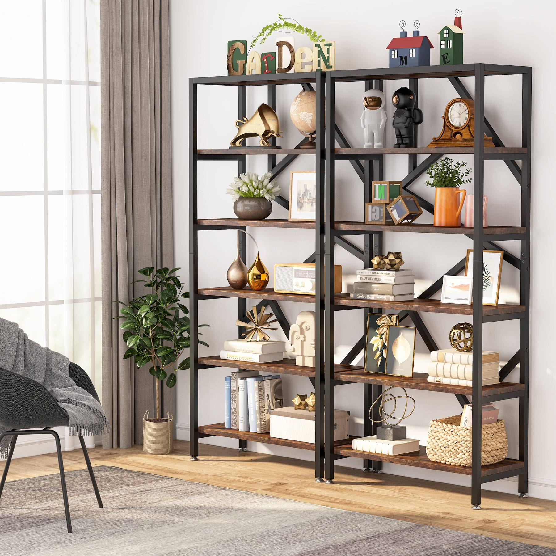 180 cm Bookshelf, Industrial Etagere Bookcase 6 Shelf Display Rack