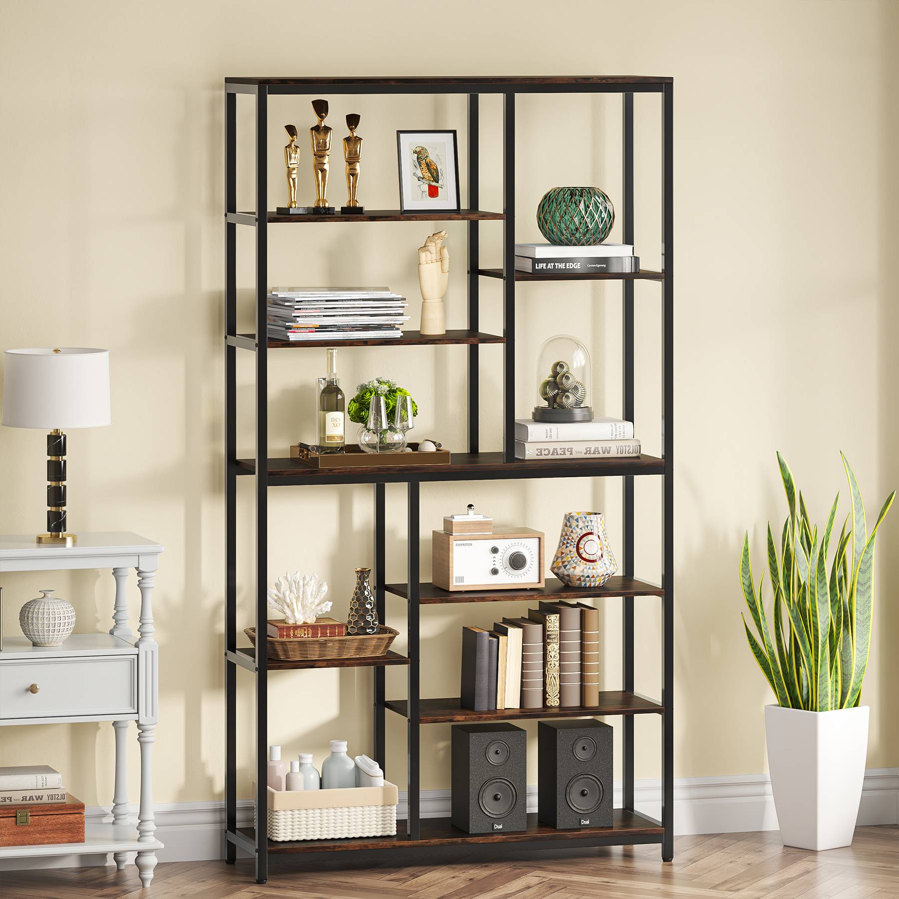 200 cm Tall Bookshelf, 8-Tier Staggered Etagere Bookcase Shelving Unit