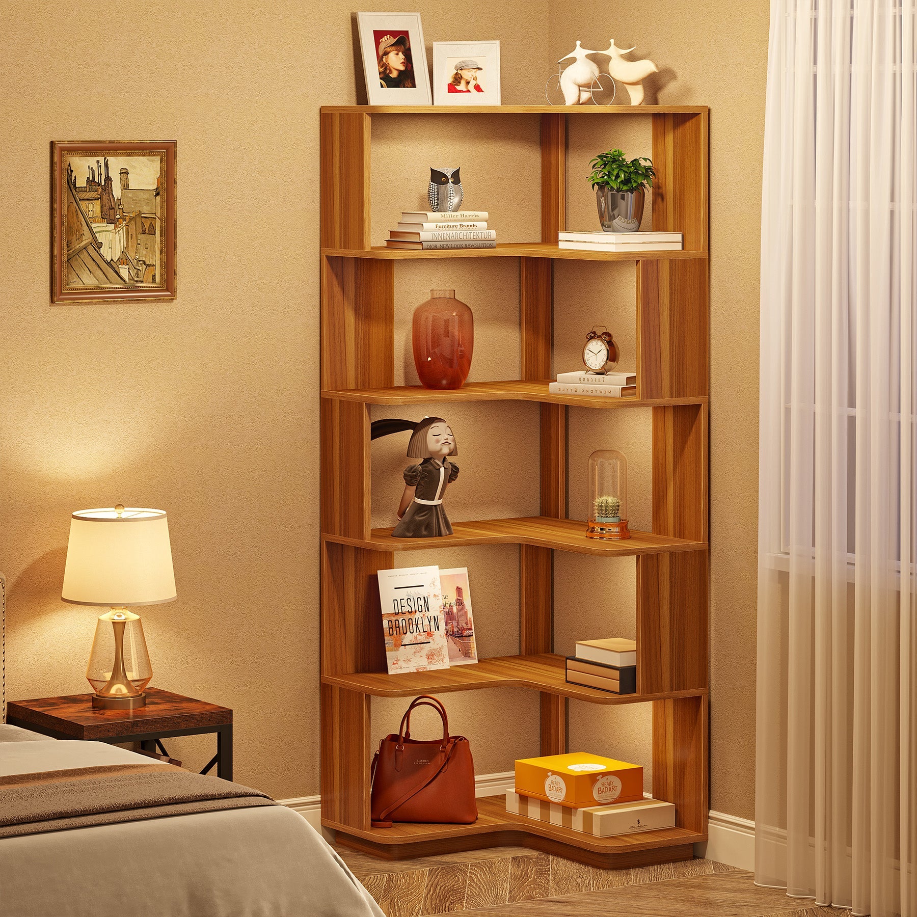 6-Tier Corner Bookshelf, 165.8 cm Corner Bookcase with Anti-Drop Panel