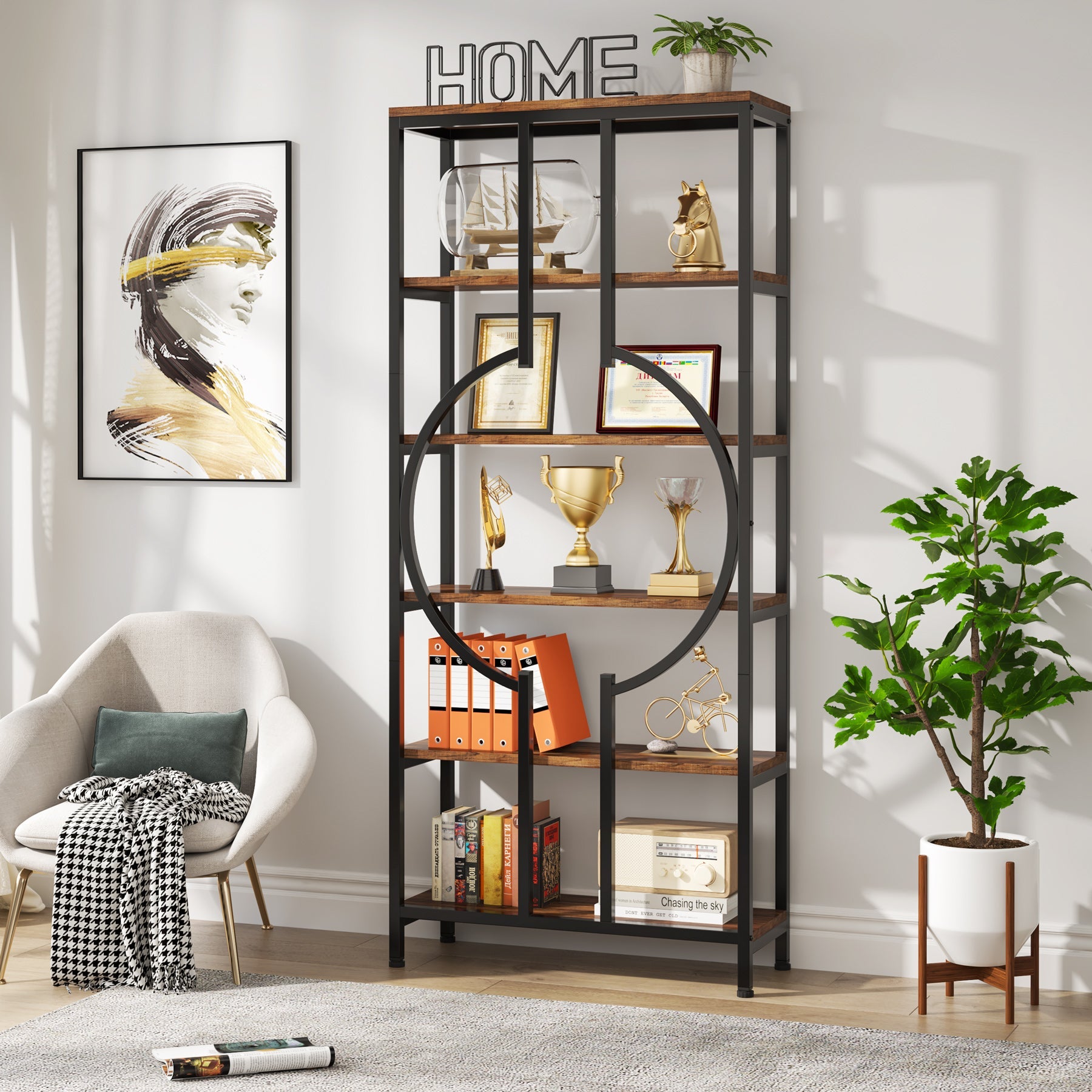 6-Tier Bookshelf, 180 cm Industrial Bookcase Display Shelf