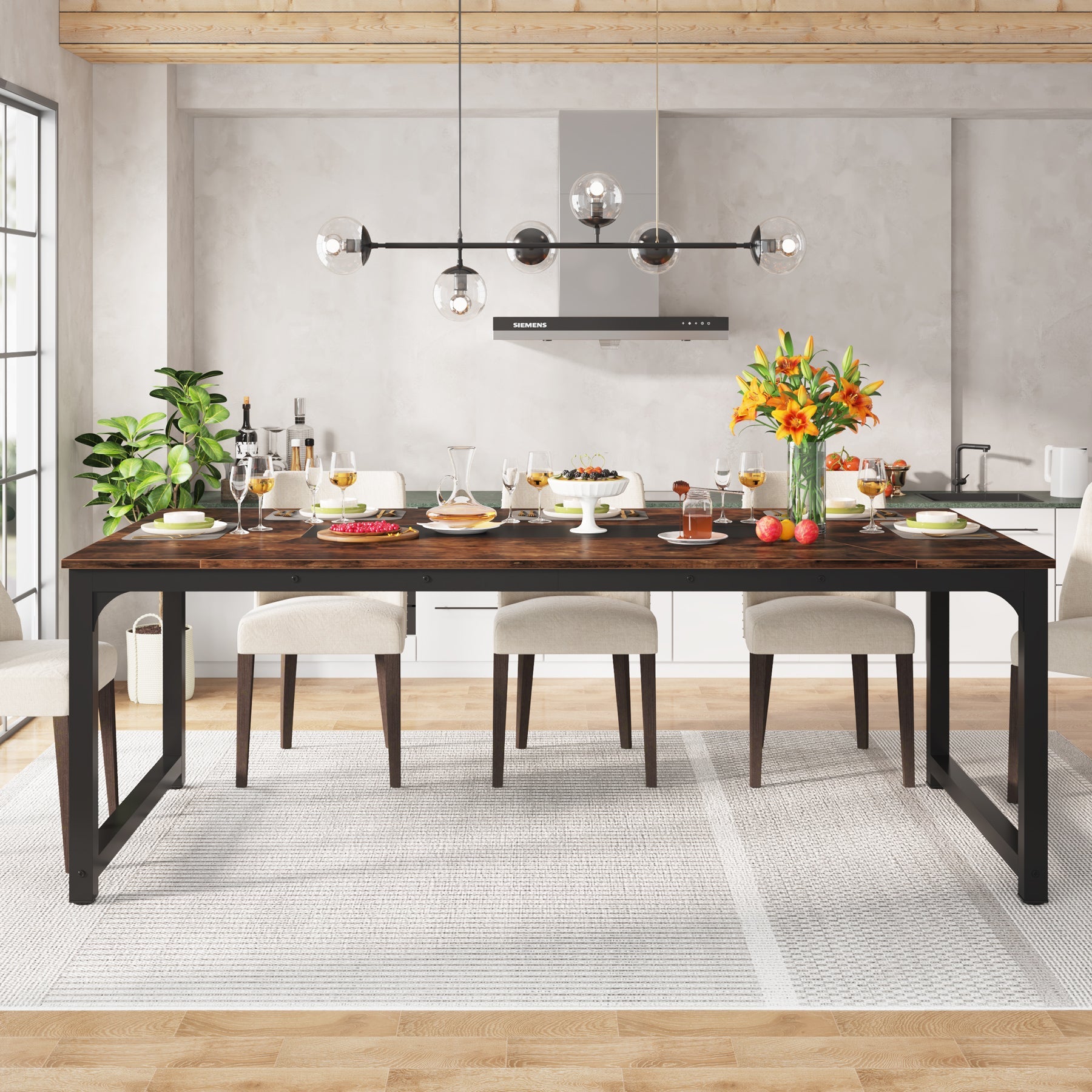 Dining Table for 6-8 People, Industrial Kitchen Table with Metal Frame (cm)