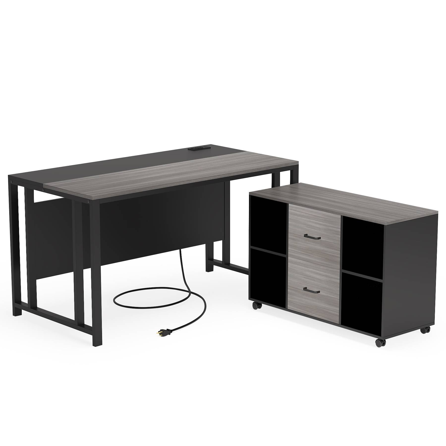 L-Shaped Desk with Power Outlet, 140 cm Executive Desk with 102 cm File Cabinet