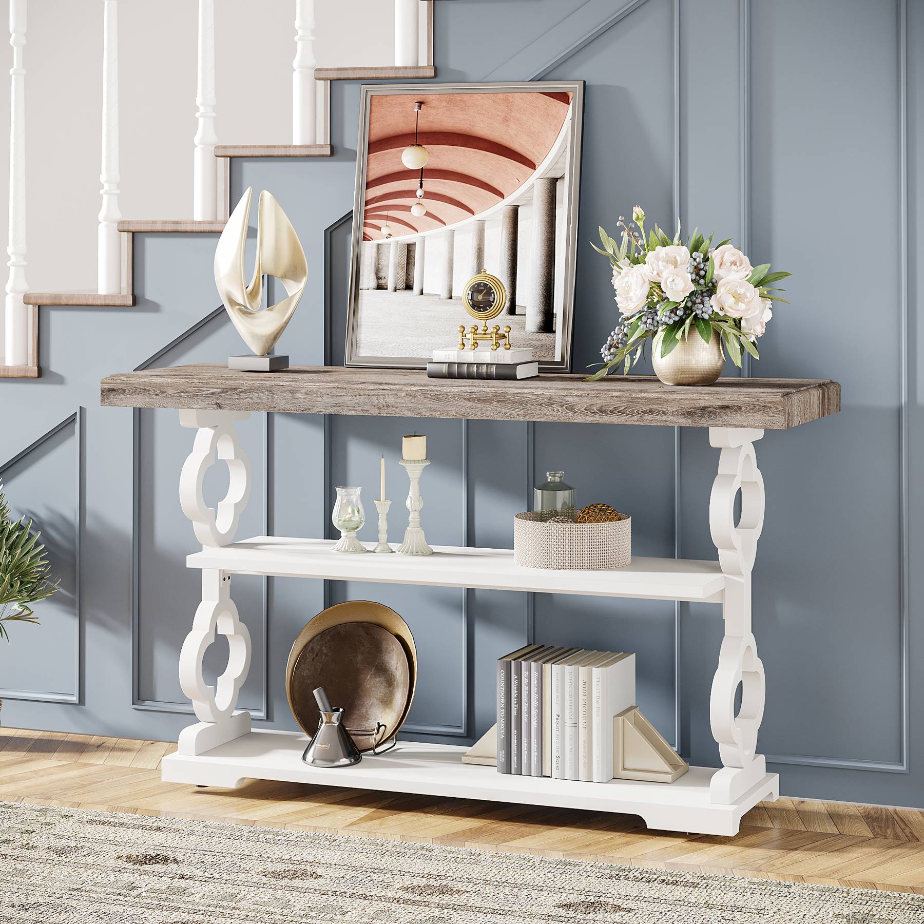 Farmhouse Console Table, 140 cm Entryway Sofa Table with Storage Shelves