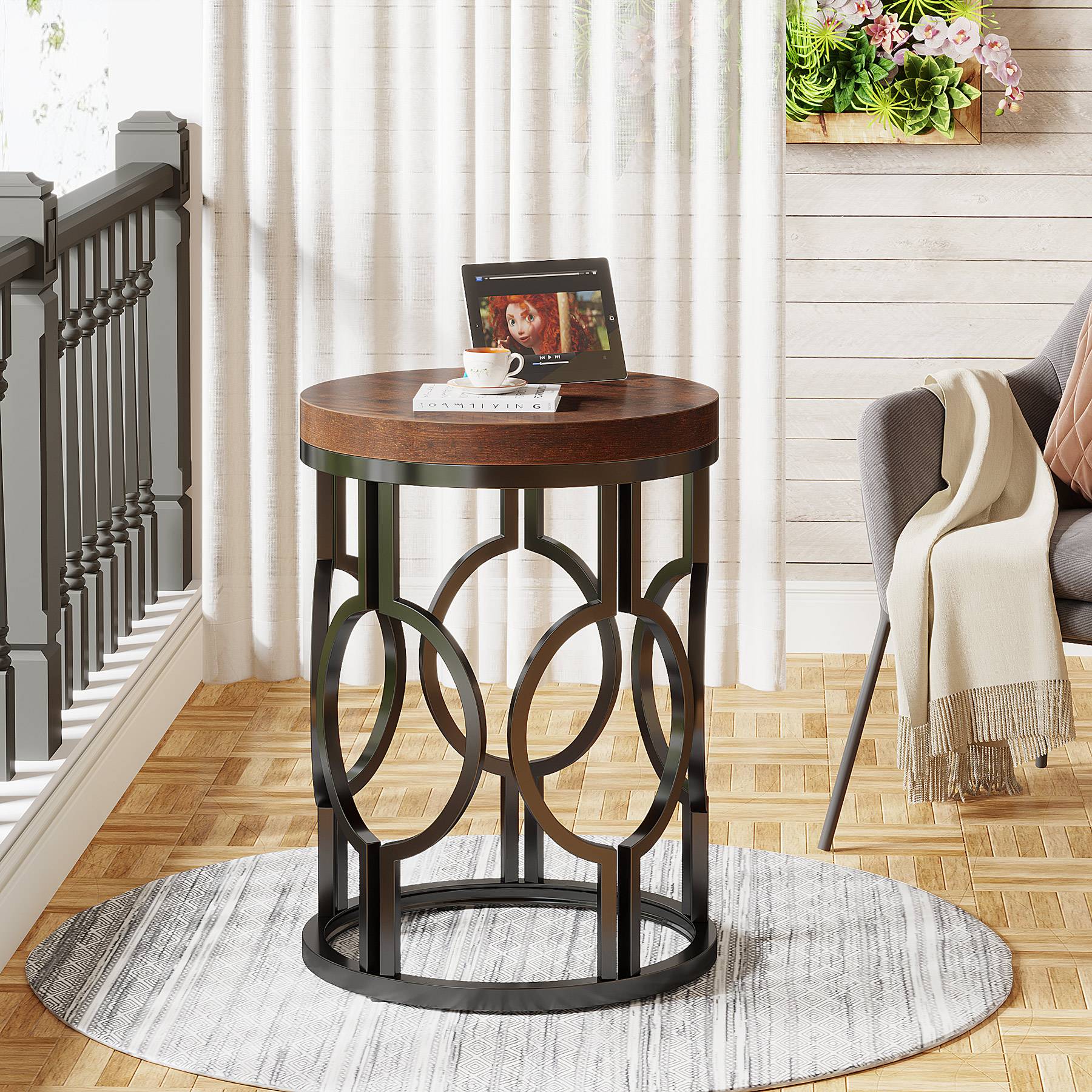 Round End Table, Industrial Side Table with Metal Hollow Frame