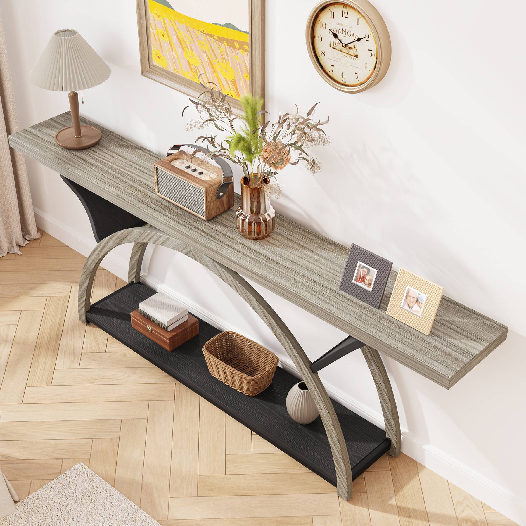 2-Tier Console Table, 180 cm Entryway Table with Half Moon Frame