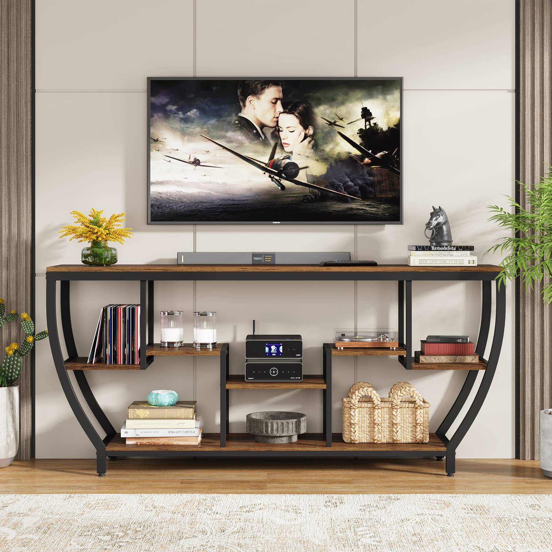 Industrial Console Table, 180 cm Entryway Sofa Table with Shelves