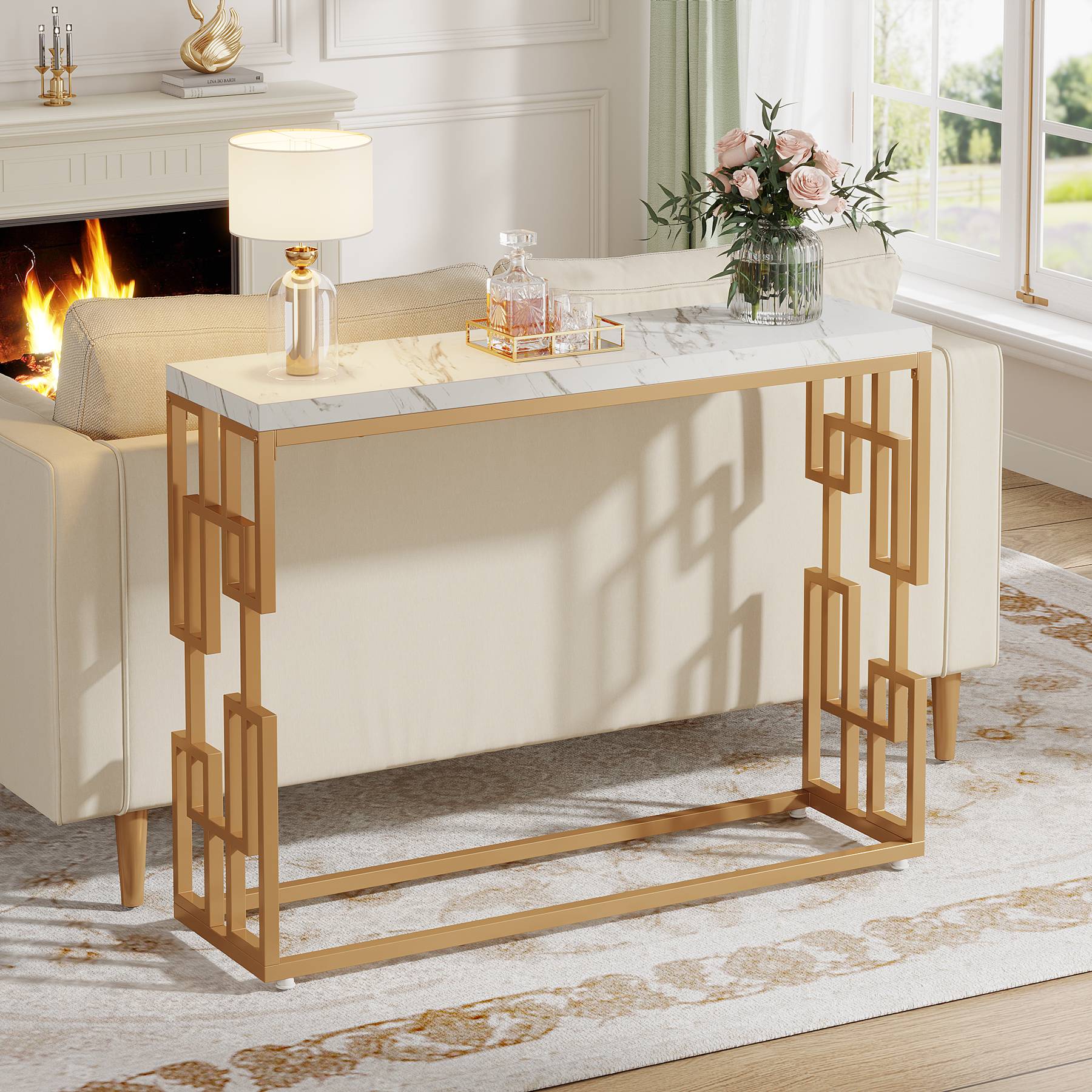 Modern Console Table, 108 cm Sofa Foyer Table with Faux Marble Tabletop