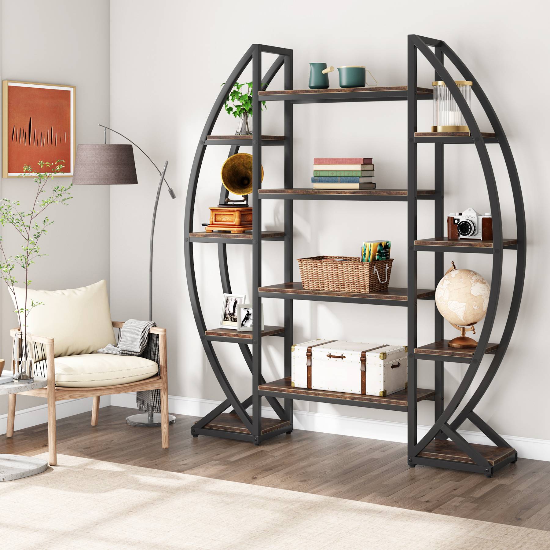 Industrial Bookshelf, Oval Triple Wide Etagere Bookcases Display Shelves (cm)