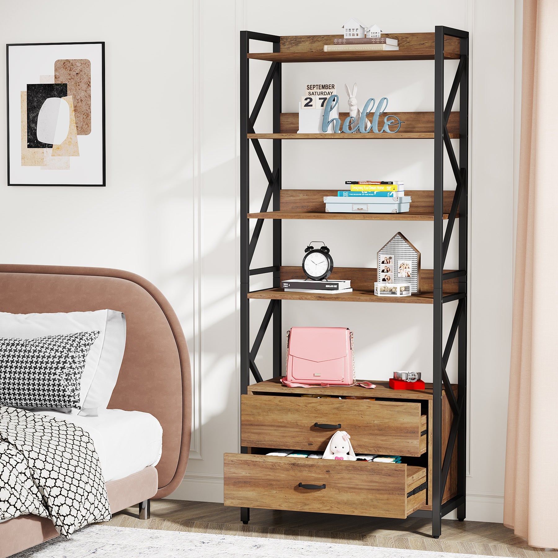 180 cm Bookshelf, Industrial 5-Tier Bookcase with 2 Drawers