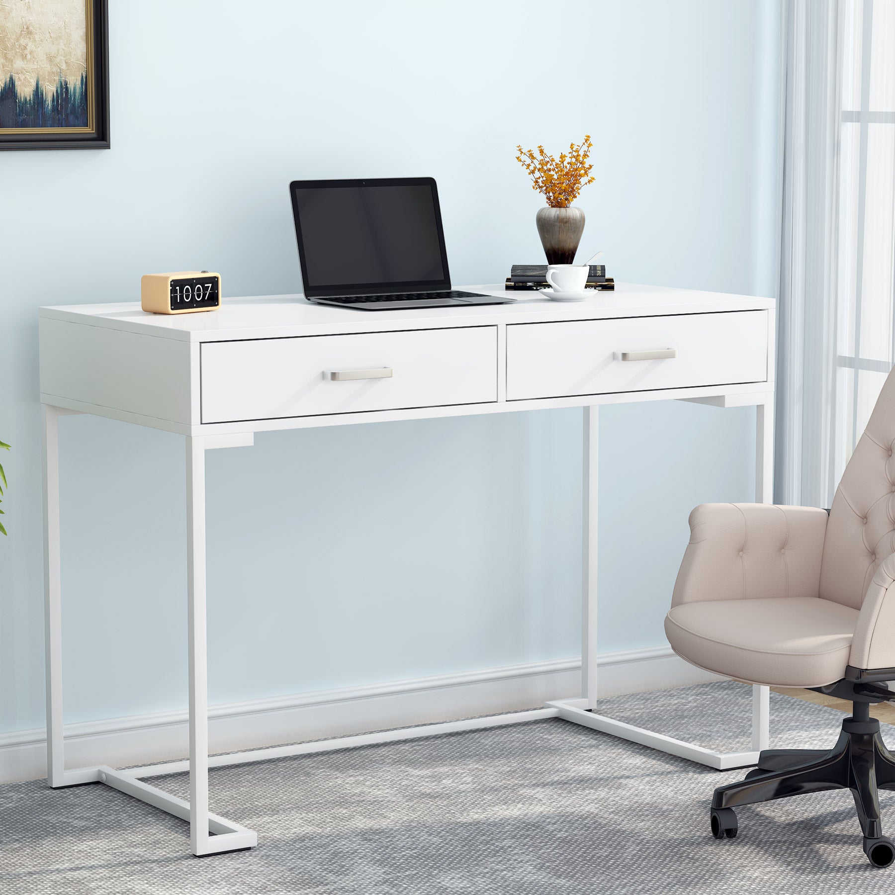 99 cm Computer Desk with Drawers, Modern Writing Desk Study Desk