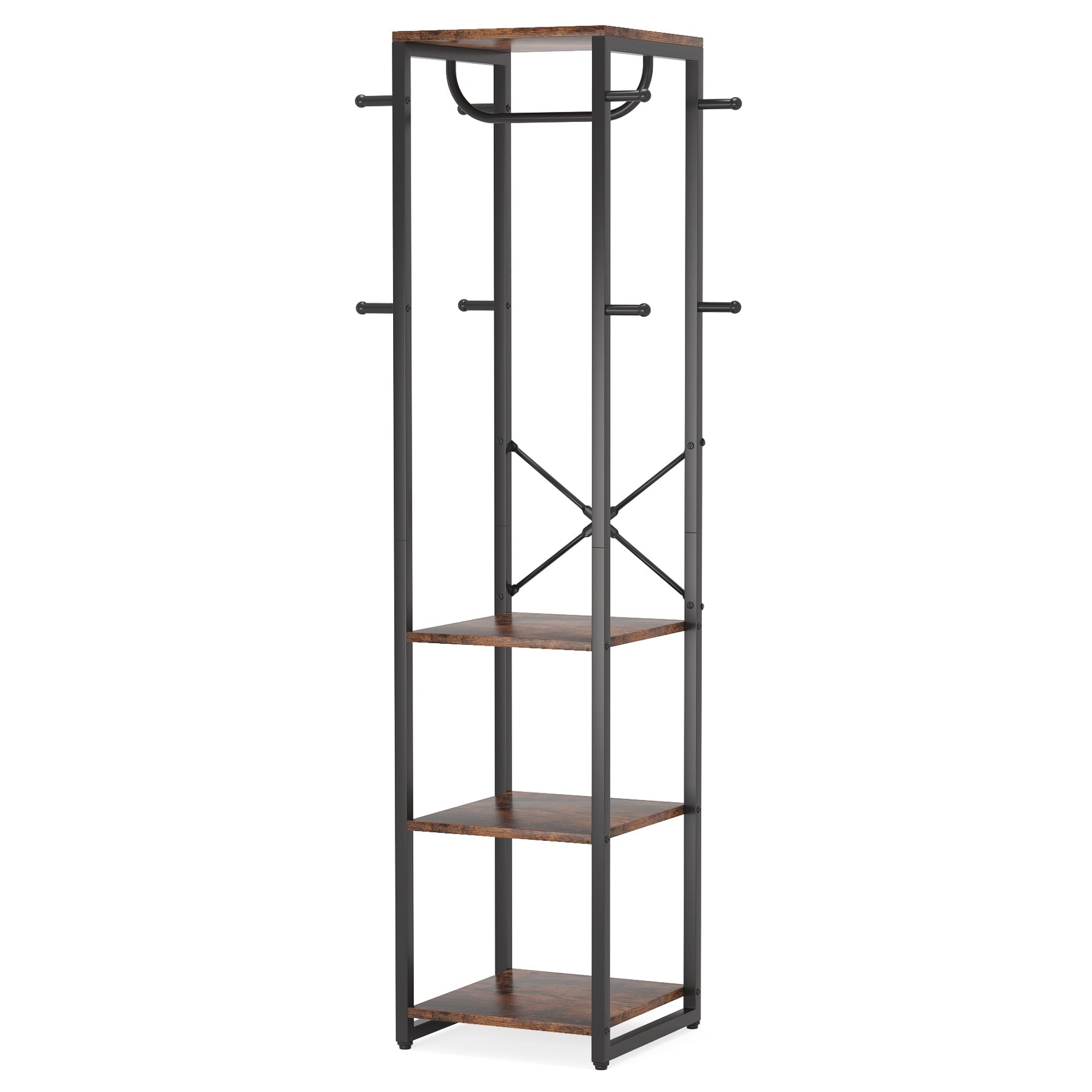 Freestanding Coat Rack, Industrial Corner Hall Tree with 10.16 cm Shelves and 8 Hooks