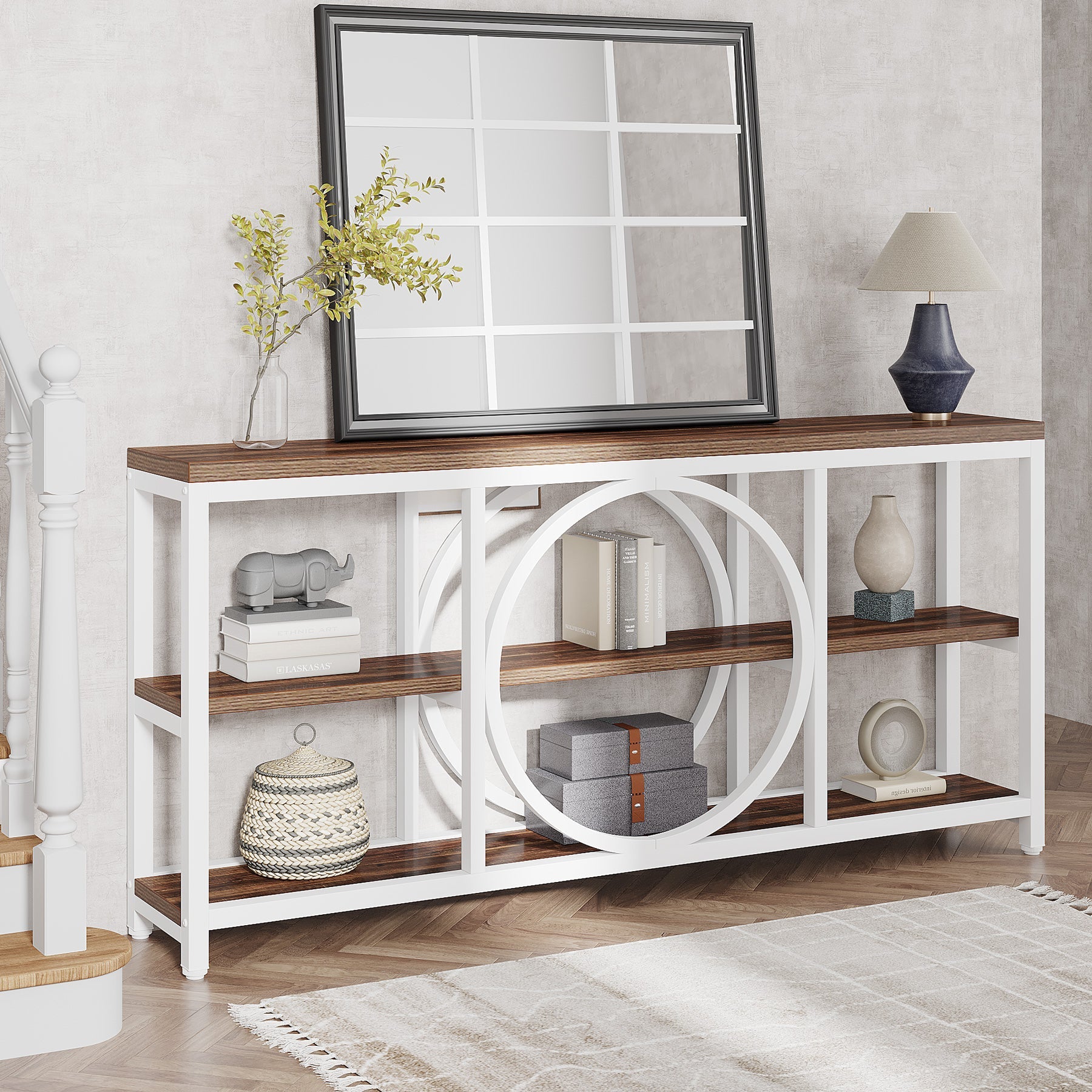 180 cm Console Table, Narrow Sofa Table with 3 Tier Storage Shelves