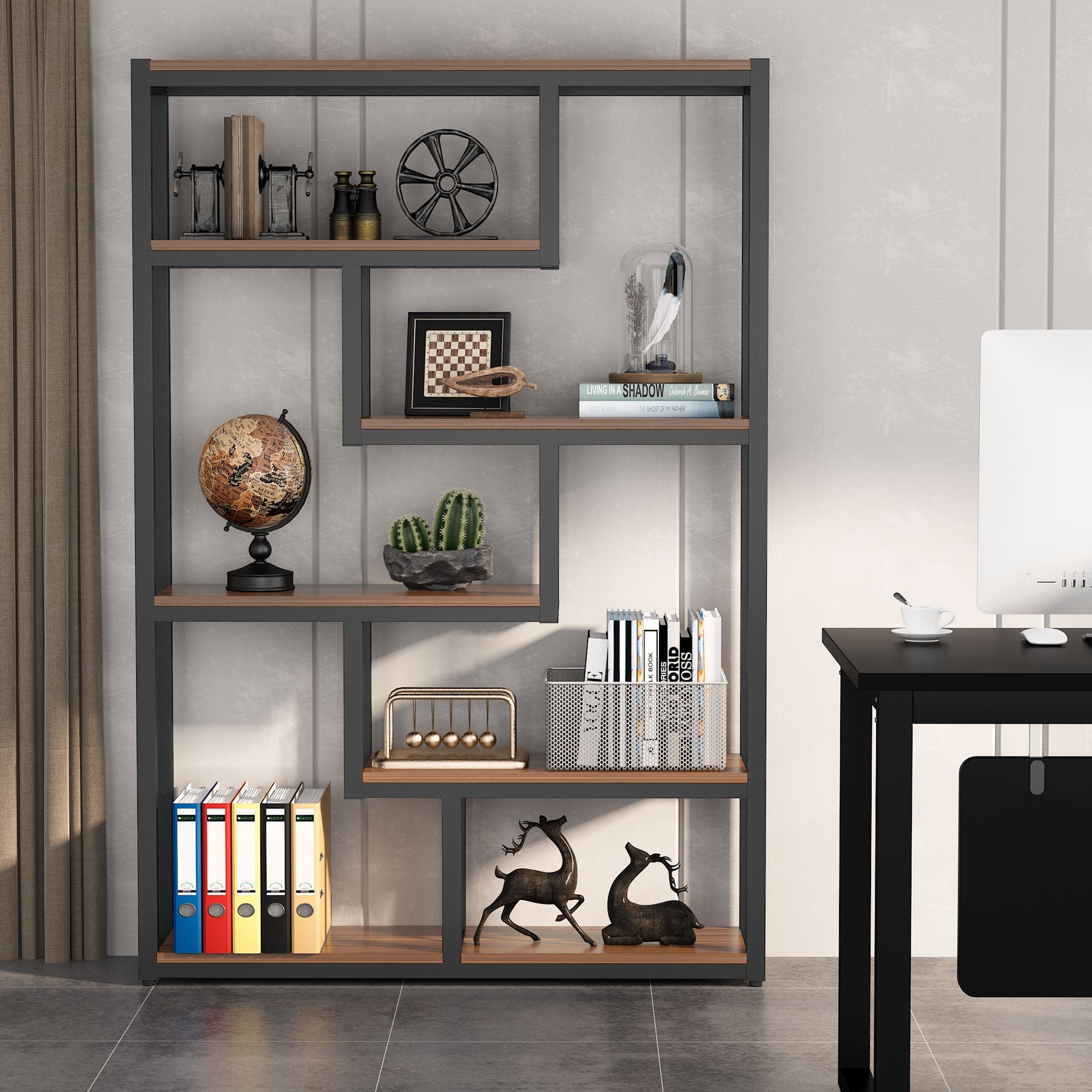 6-Tier Bookshelf, 175 cm Industrial Etagere Bookcase with Staggered Shelves