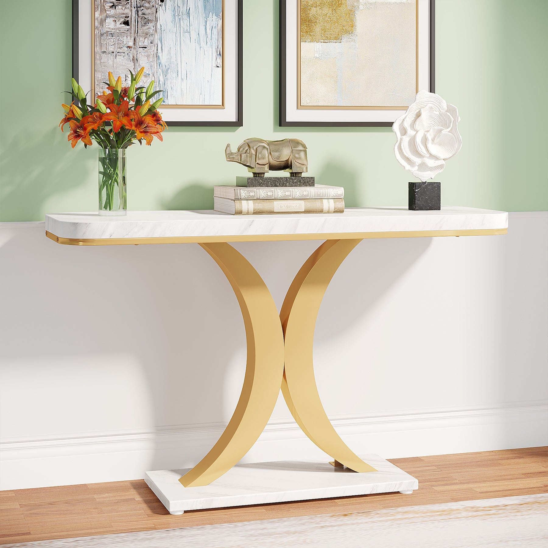 102 cm Console Table, Narrow Entryway Foyer Table with Geometric Base