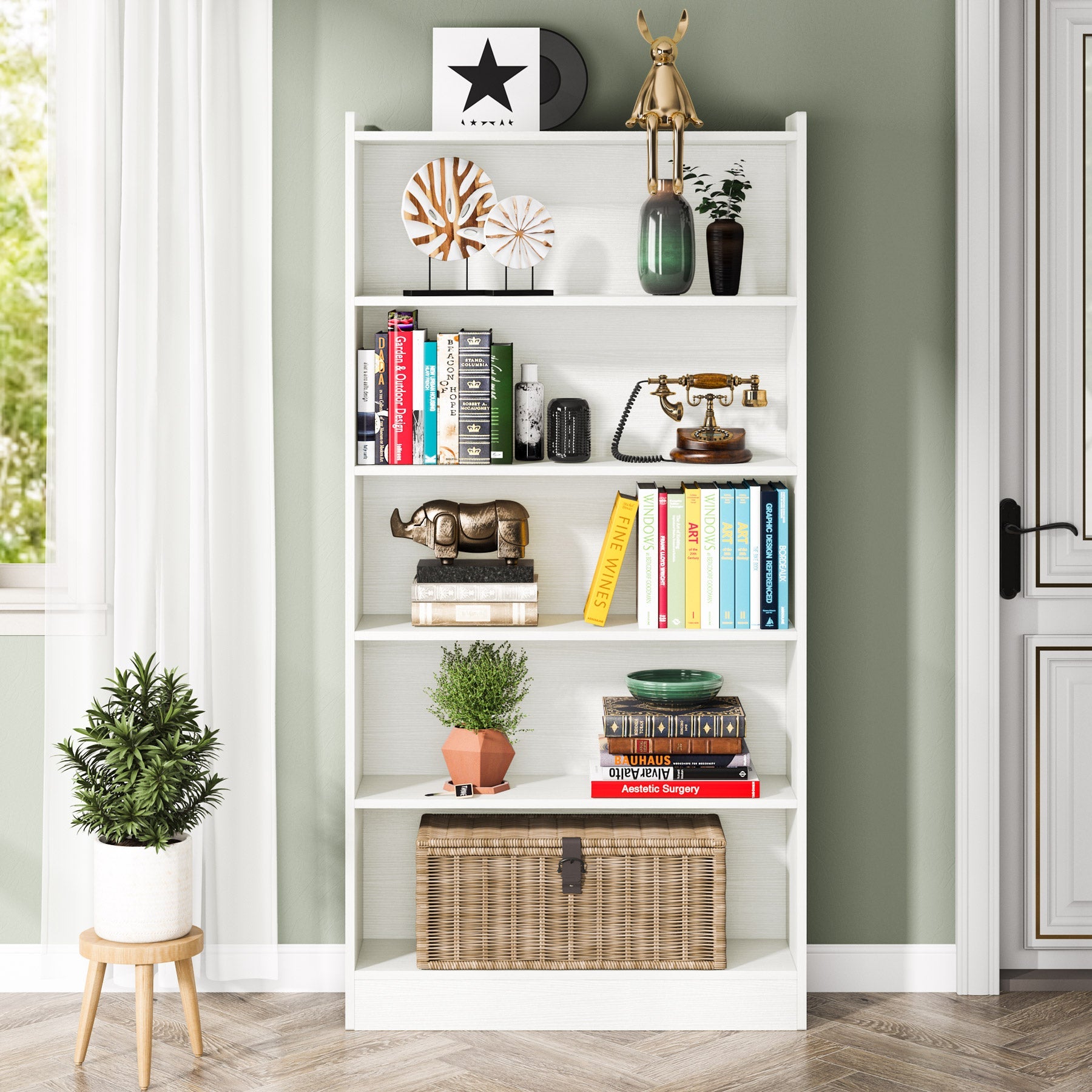 Wood Bookcase, 183 cm Tall Bookshelf with 6-Tier Open Storage Shelves