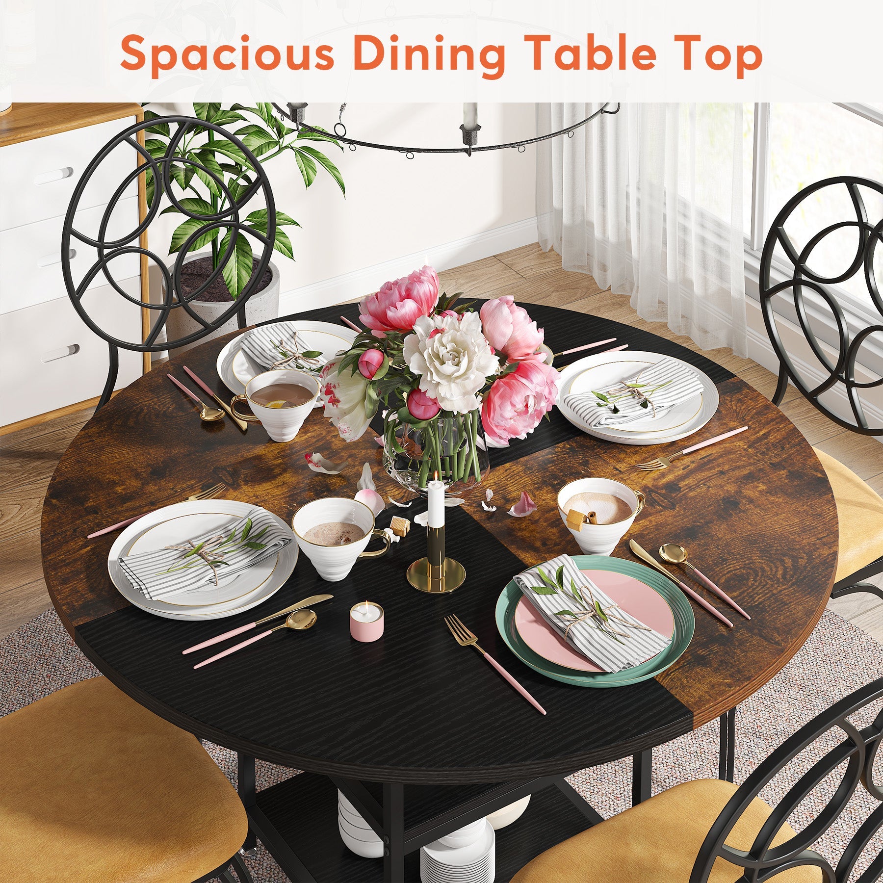 Round Dining Table, 120 cm Kitchen Dinner Table with Storage Shelf