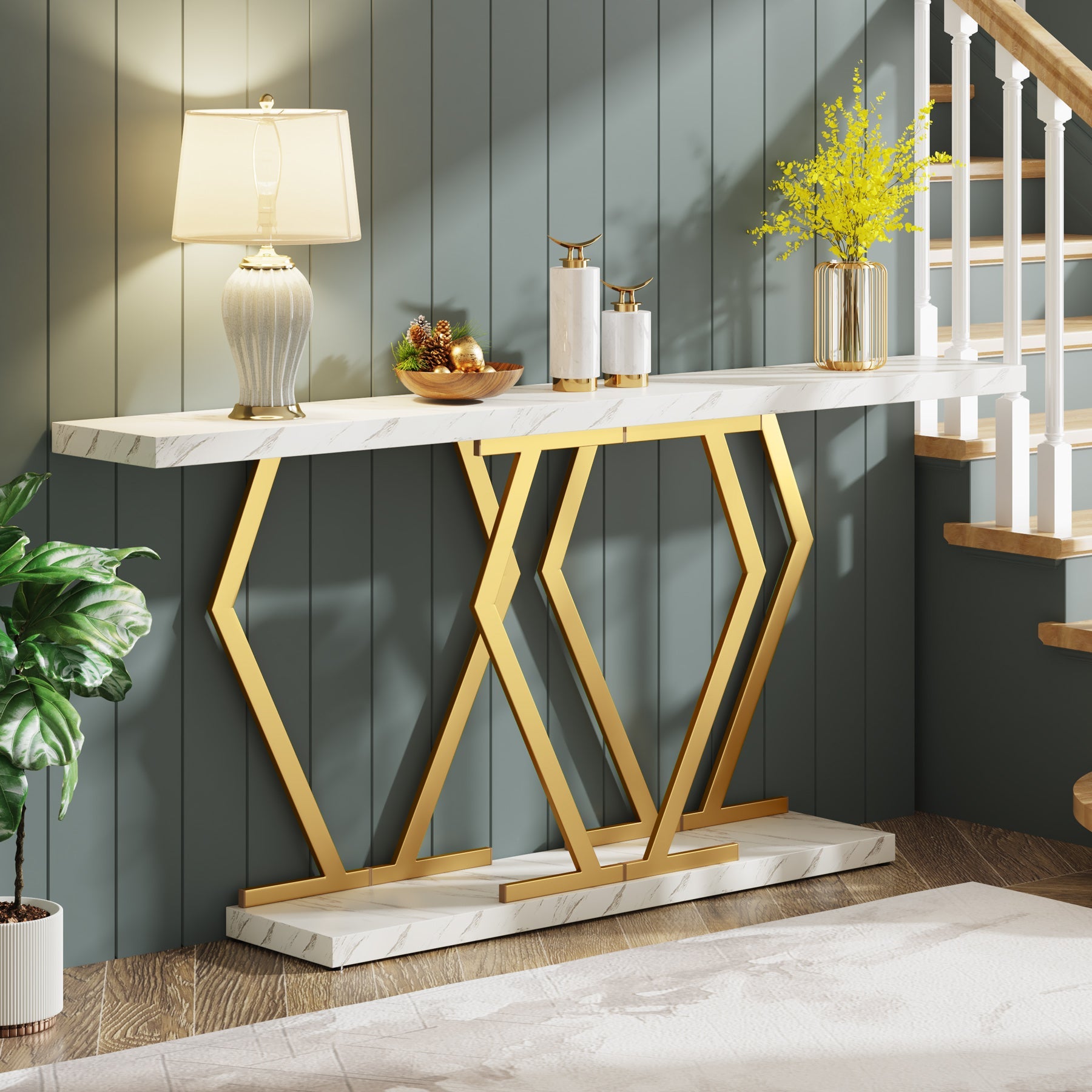 180 cm Console Table, Modern Sofa Table with Faux Marble Tabletop