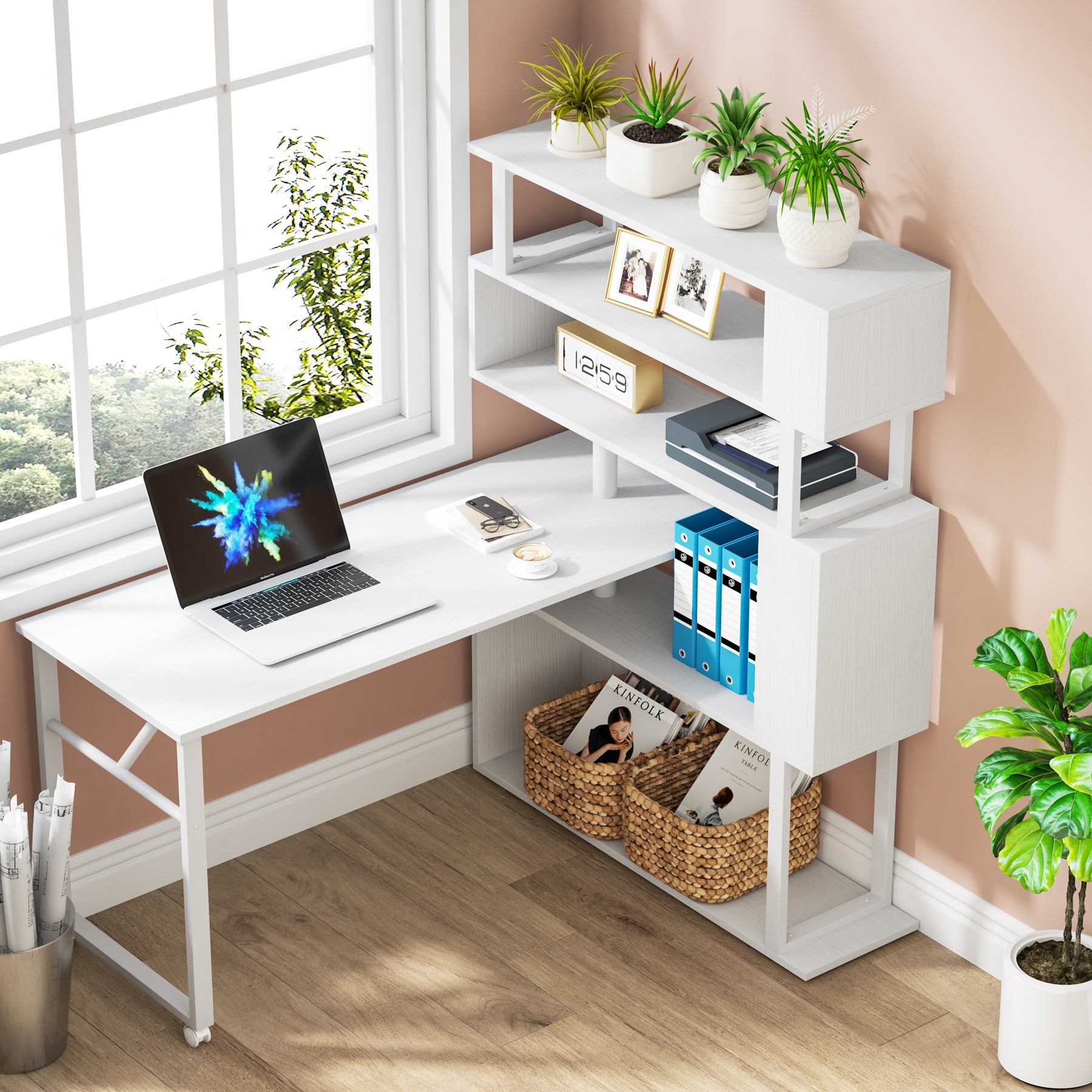 Rotating Desk with 5-Tier Bookshelf, Reversible Computer Desk with Wheels (in cm)