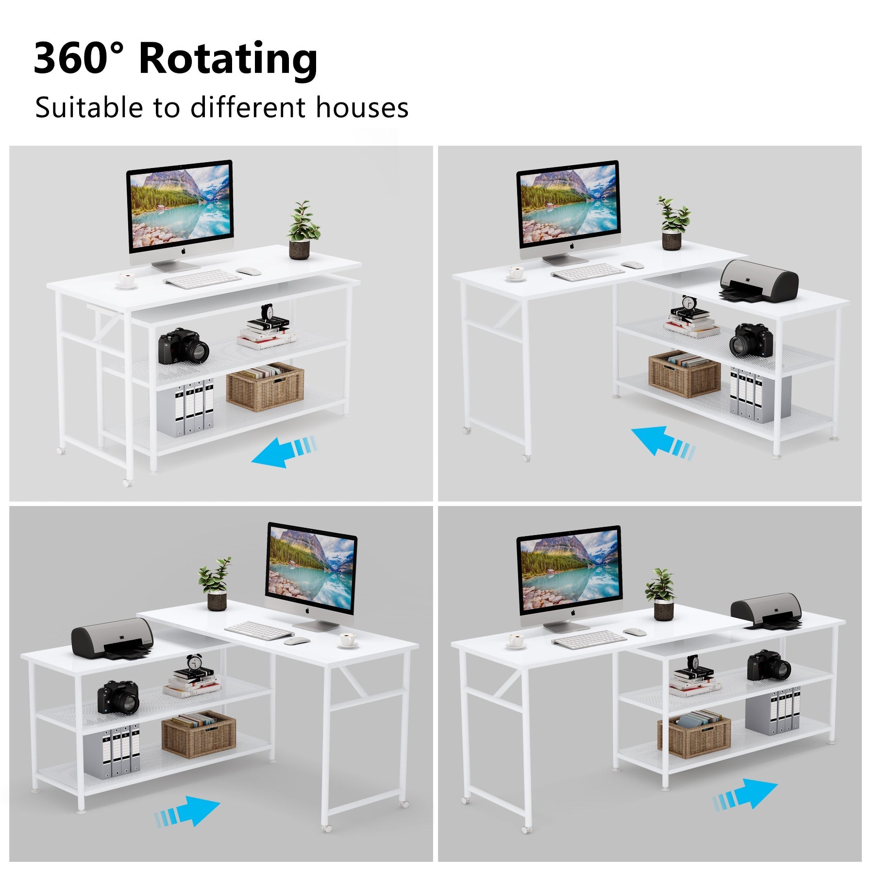 360° Rotating Desk, Modern L-Shaped Desk with Storage Shelves (Dimensions in cm)