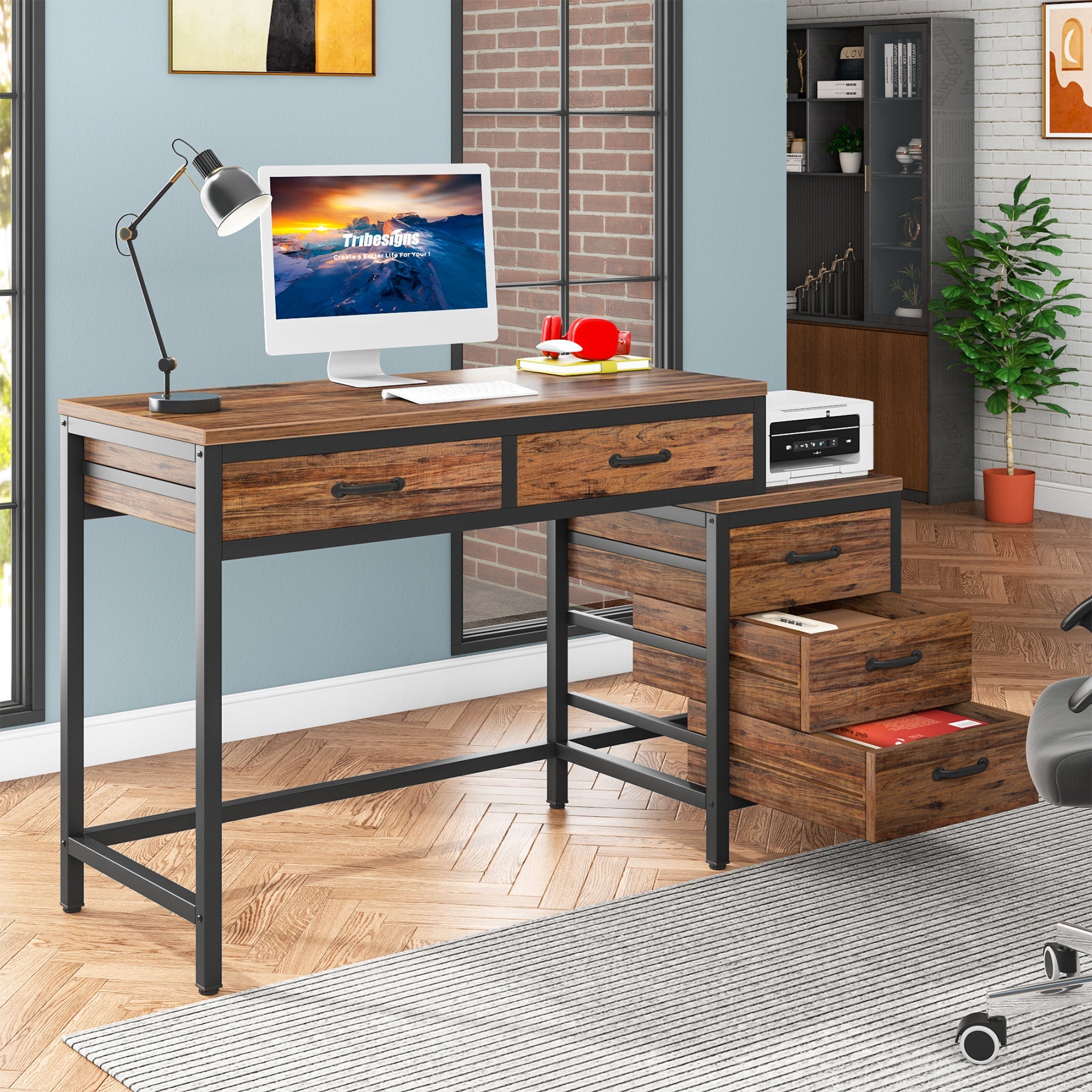 5-Drawer Computer Desk, Study Writing Table with Reversible Drawer Cabinet (Approx. 127 cm)